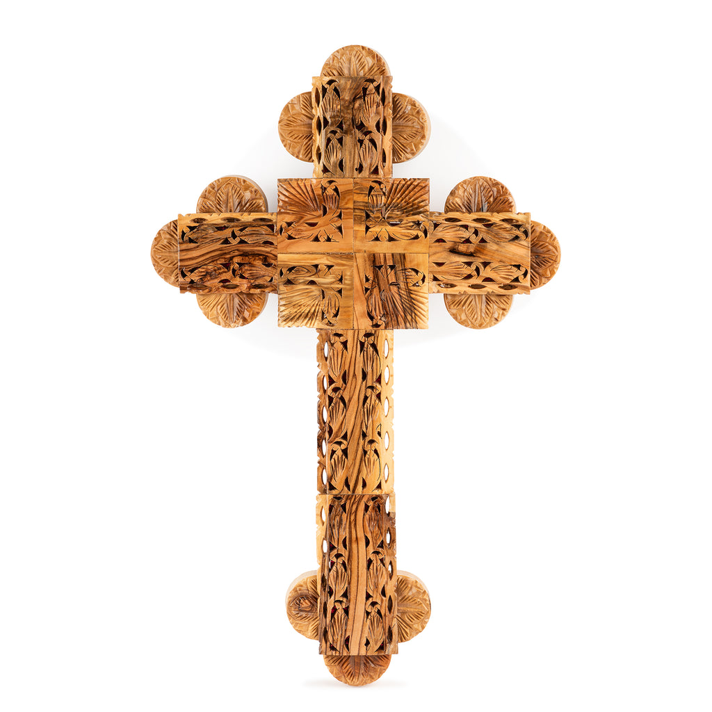 Handcrafted Ornate Olive Wood Cross – Intricately Carved Christian Wall Decor from the Holy Land