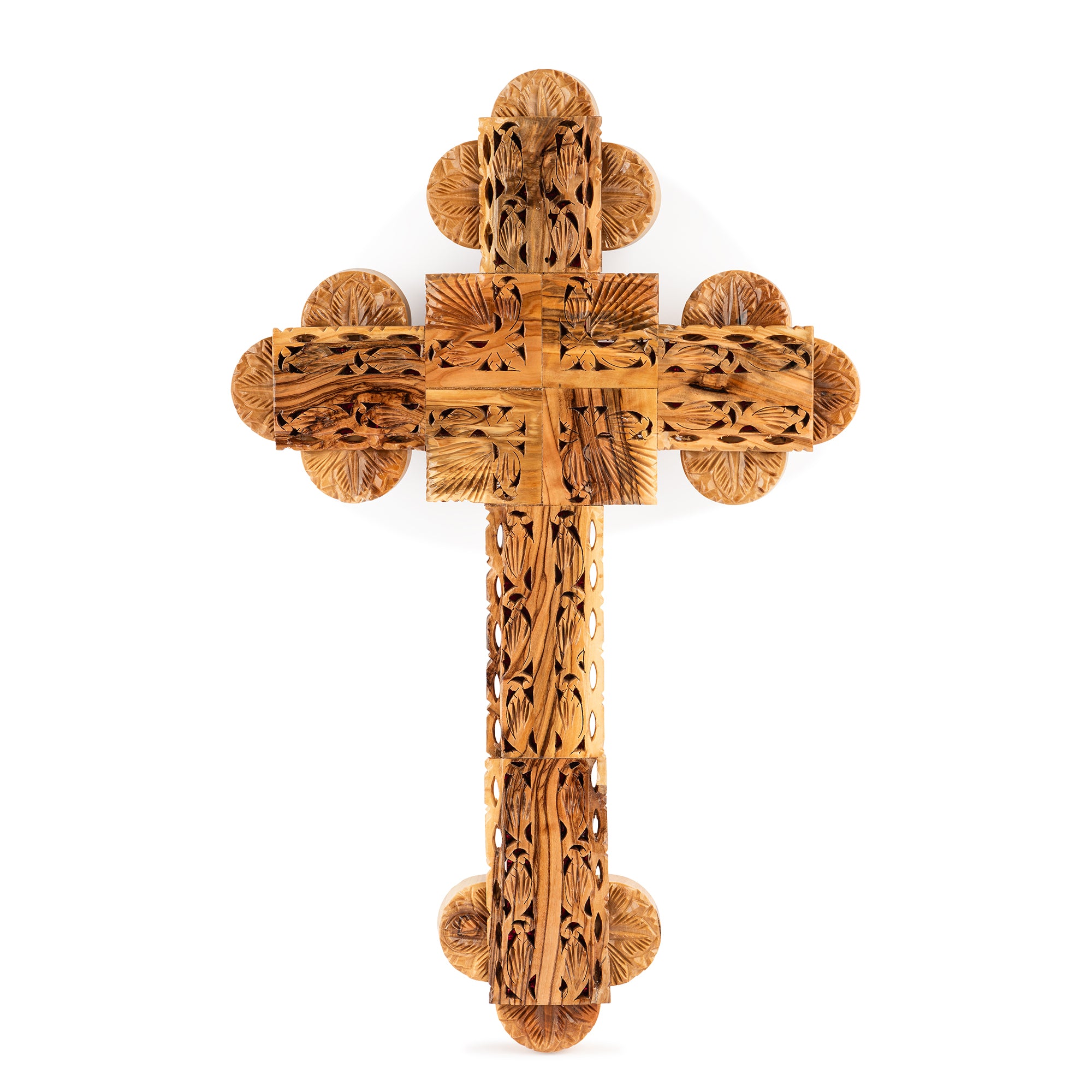 Handcrafted Ornate Olive Wood Cross – Intricately Carved Christian Wall Decor from the Holy Land