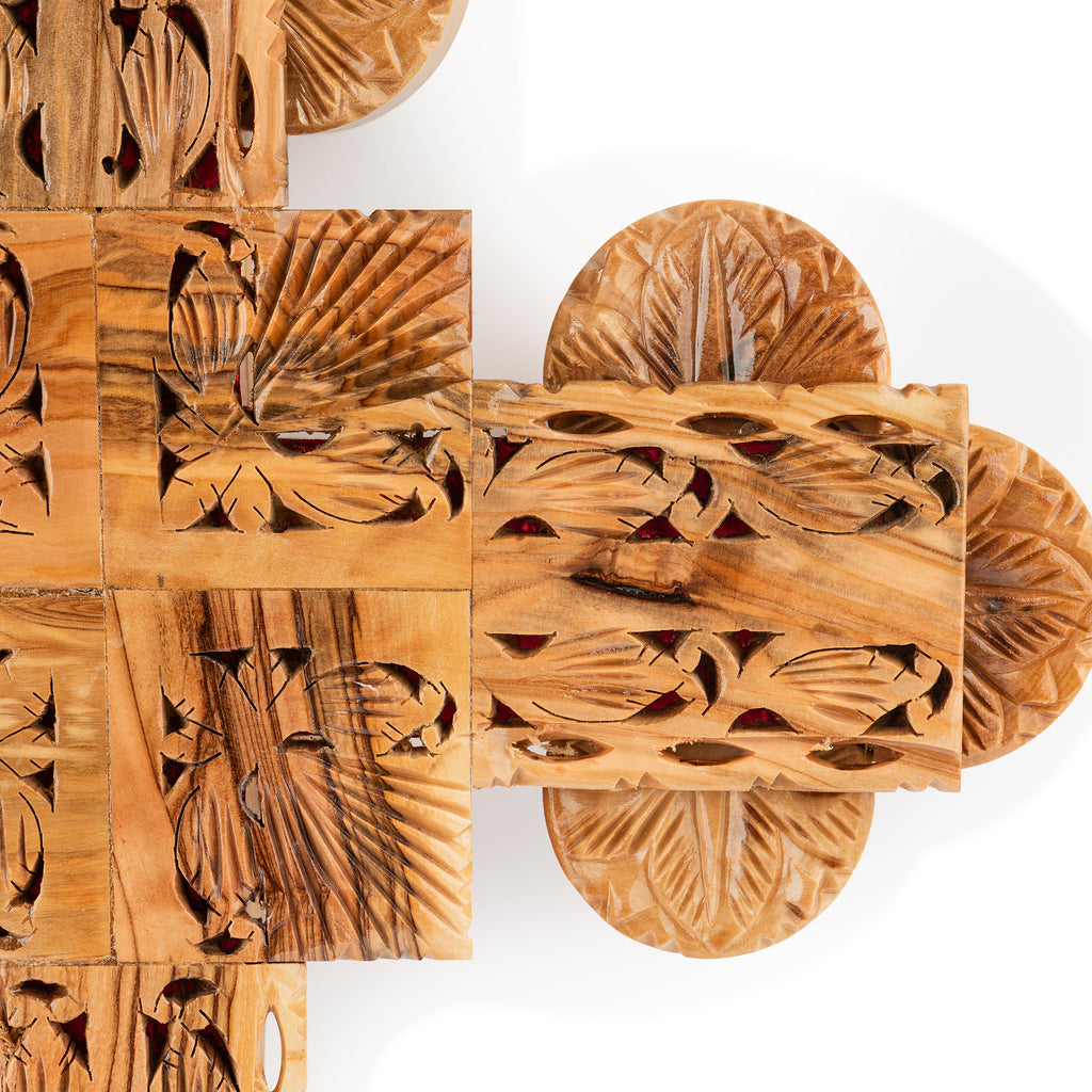 Handcrafted Ornate Olive Wood Cross – Intricately Carved Christian Wall Decor from the Holy Land