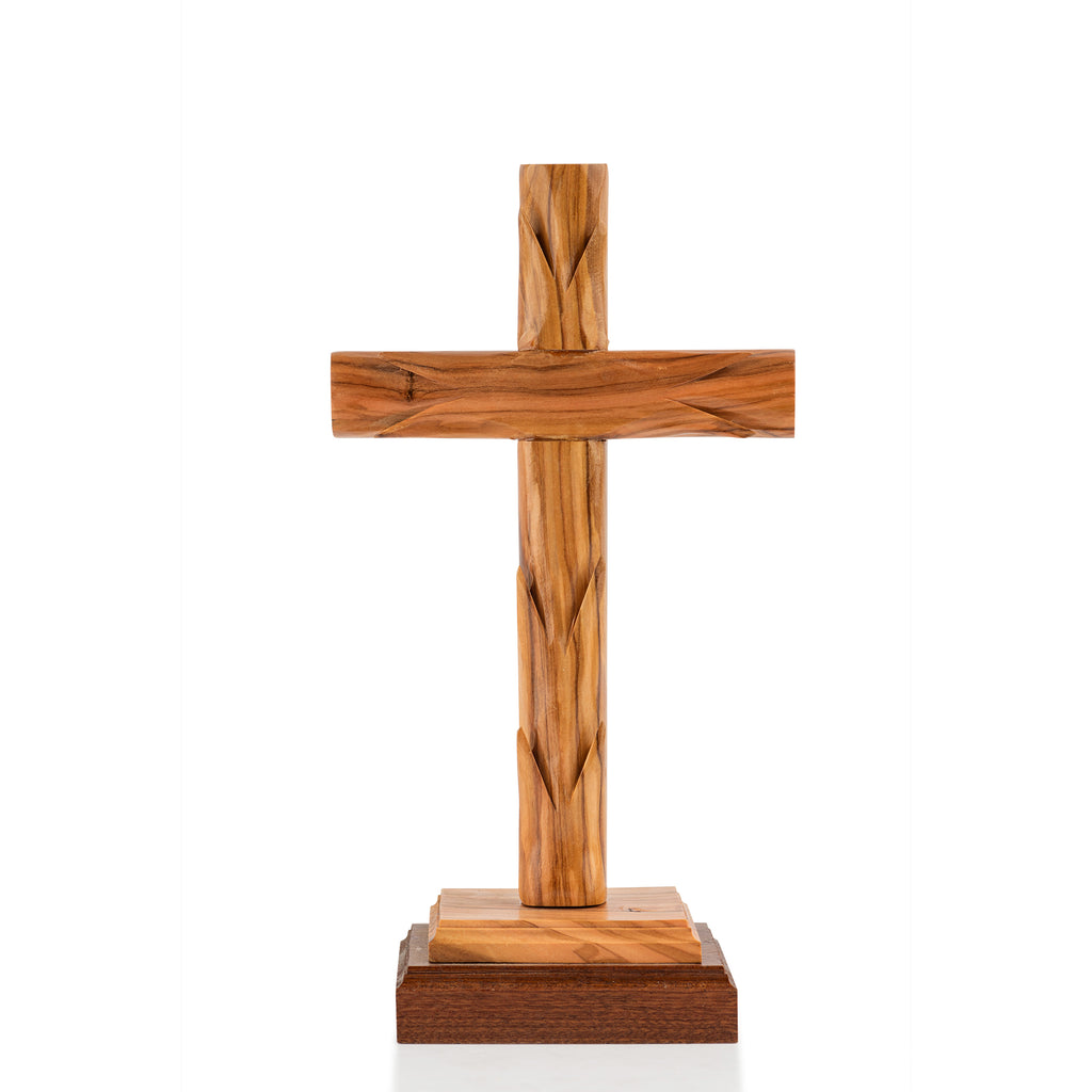 Handcrafted Olive Wood Standing Cross – Elegant Christian Tabletop or Altar Sculpture from the Holy Land