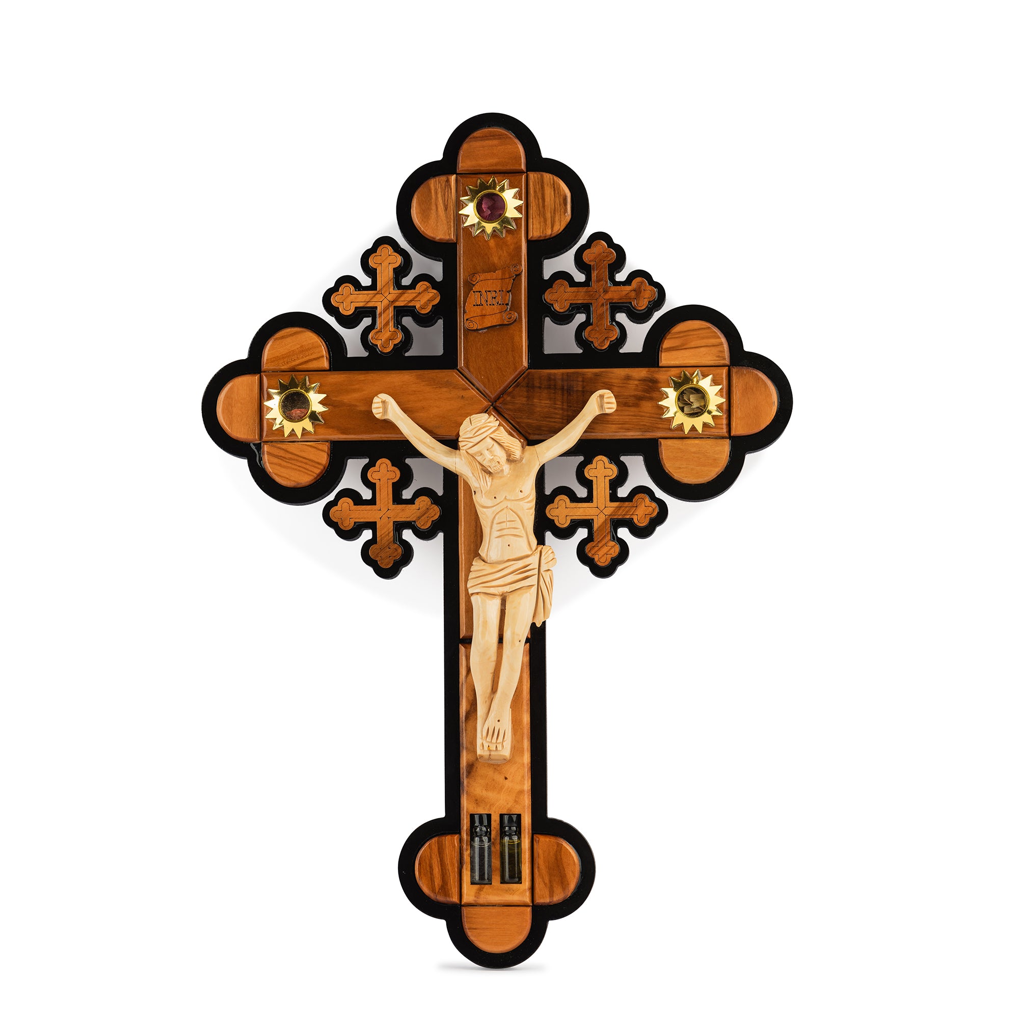 Handcrafted Ornate Olive Wood Crucifix with Relics – Jesus on the Cross Christian Wall Sculpture from the Holy Land