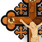 Handcrafted Ornate Olive Wood Crucifix with Relics – Jesus on the Cross Christian Wall Sculpture from the Holy Land