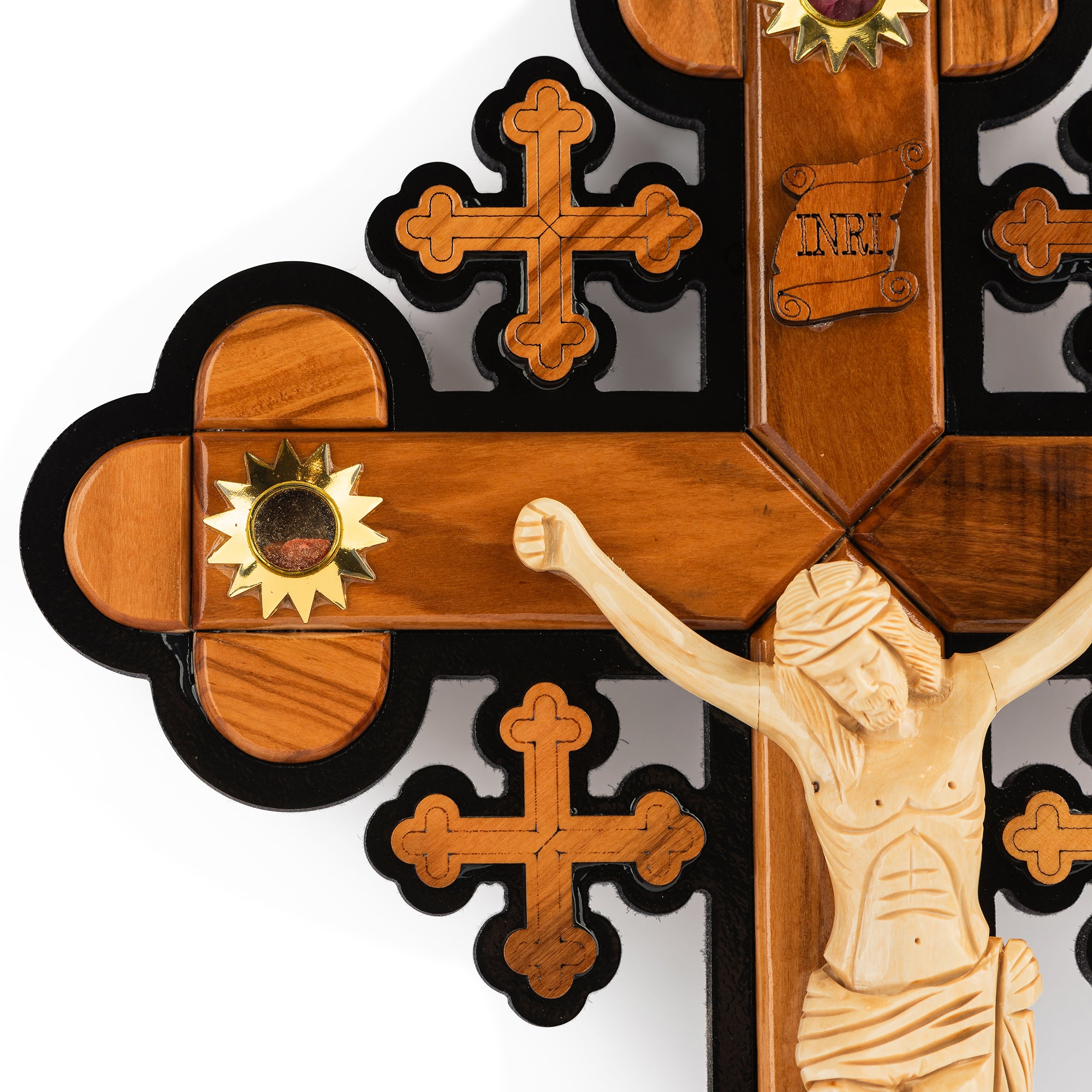 Handcrafted Ornate Olive Wood Crucifix with Relics – Jesus on the Cross Christian Wall Sculpture from the Holy Land