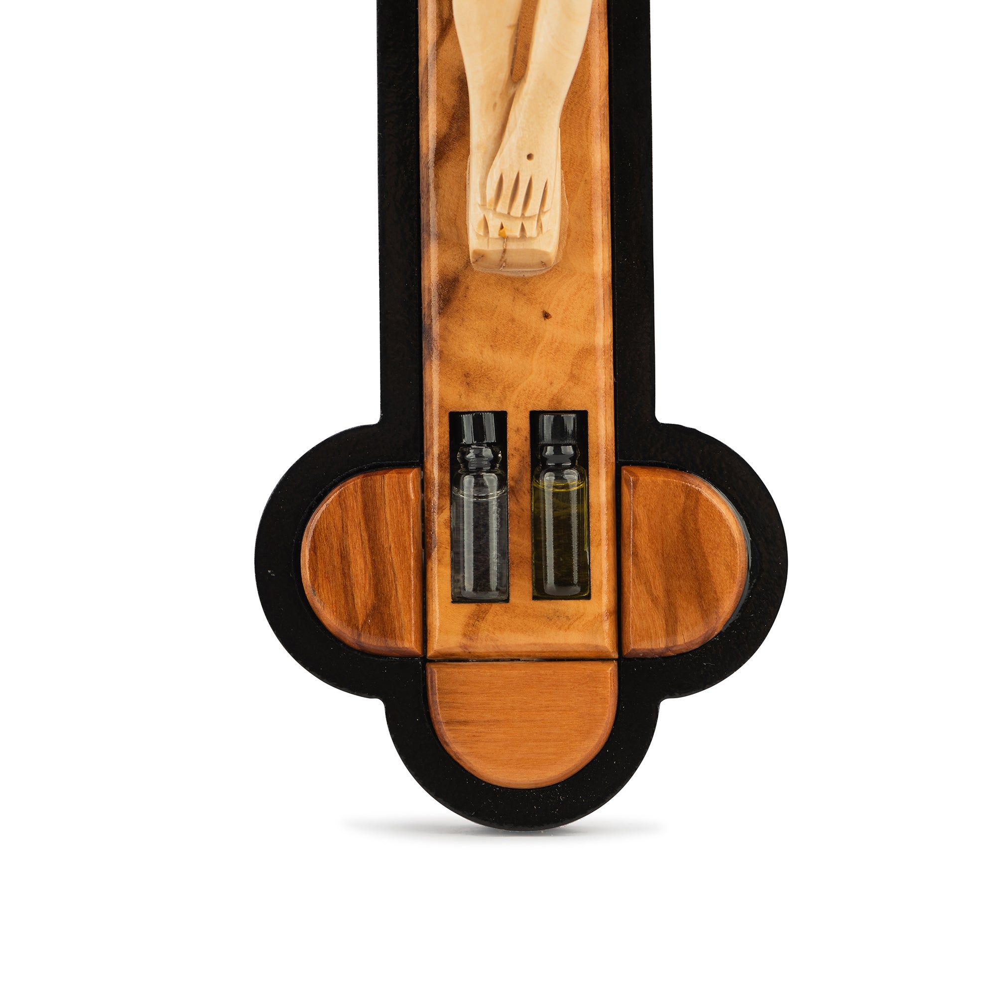 Handcrafted Ornate Olive Wood Crucifix with Relics – Jesus on the Cross Christian Wall Sculpture from the Holy Land