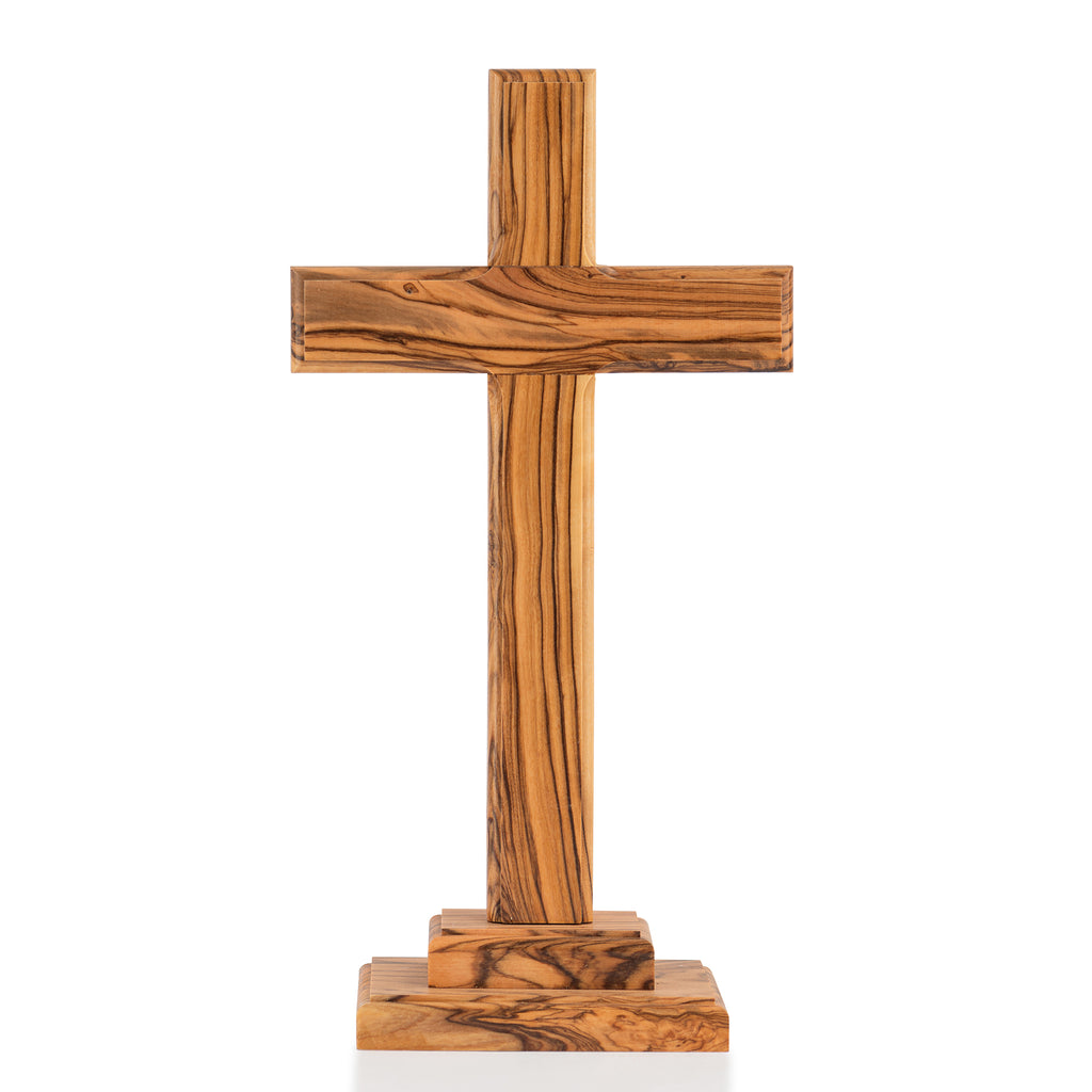 Handcrafted Olive Wood Standing Cross – Elegant Christian Tabletop or Altar Sculpture from the Holy Land