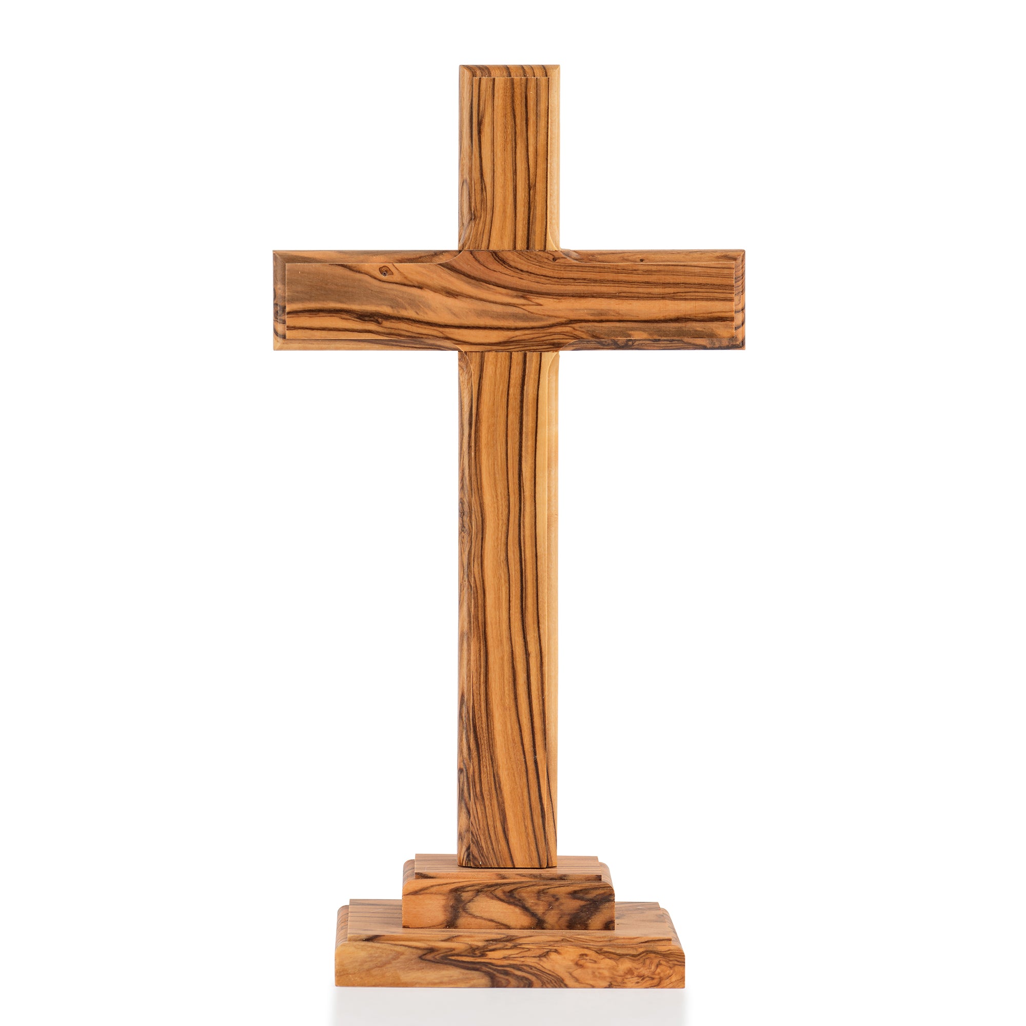 Handcrafted Olive Wood Standing Cross – Elegant Christian Tabletop or Altar Sculpture from the Holy Land