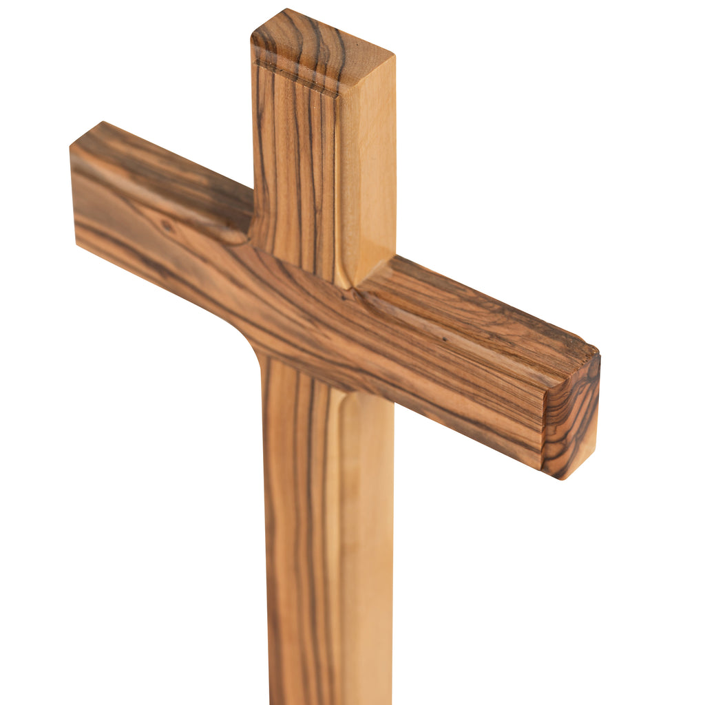 Handcrafted Olive Wood Standing Cross – Elegant Christian Tabletop or Altar Sculpture from the Holy Land