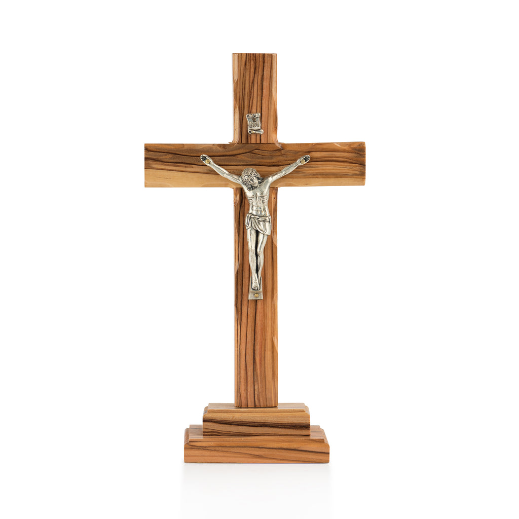 Handcrafted Olive Wood Crucifix with Metal Corpus – Jesus on the Cross Christian Tabletop Sculpture from the Holy Land