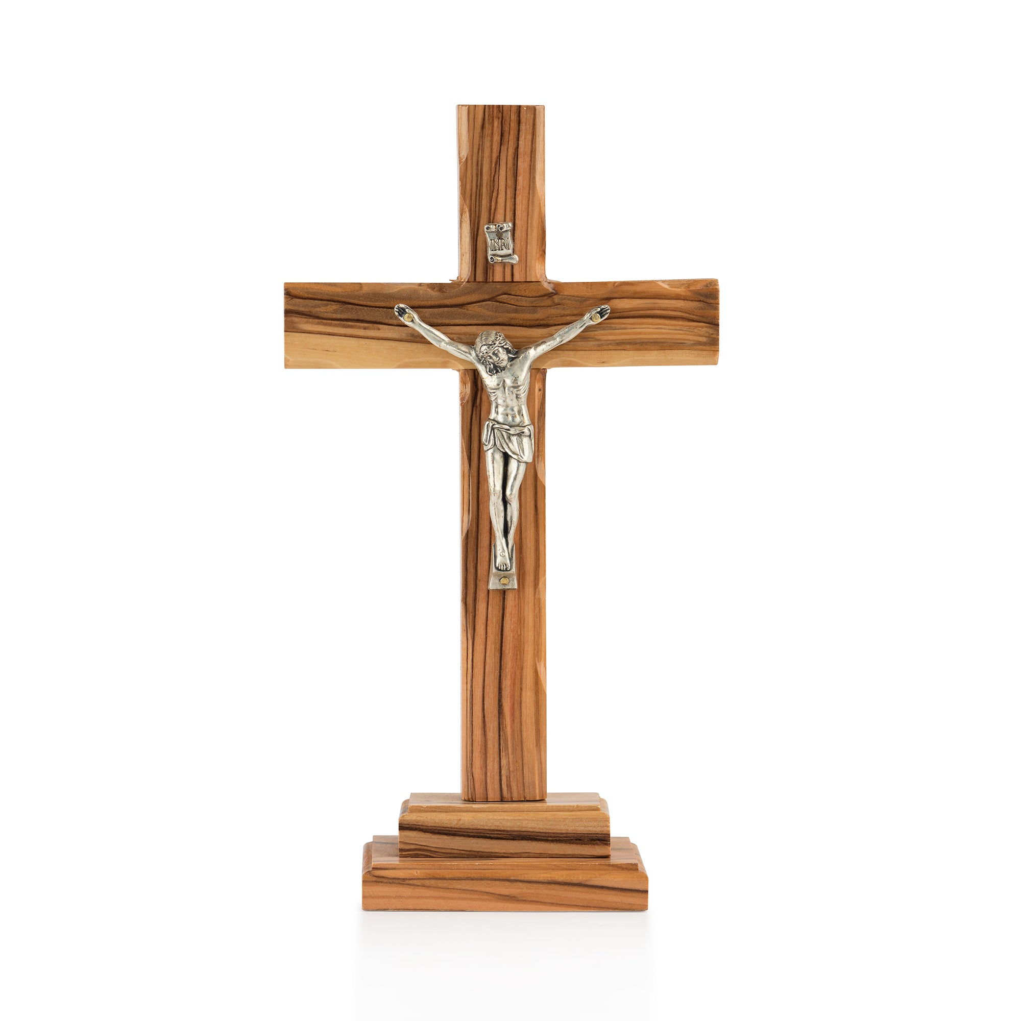 Handcrafted Olive Wood Crucifix with Metal Corpus – Jesus on the Cross Christian Tabletop Sculpture from the Holy Land