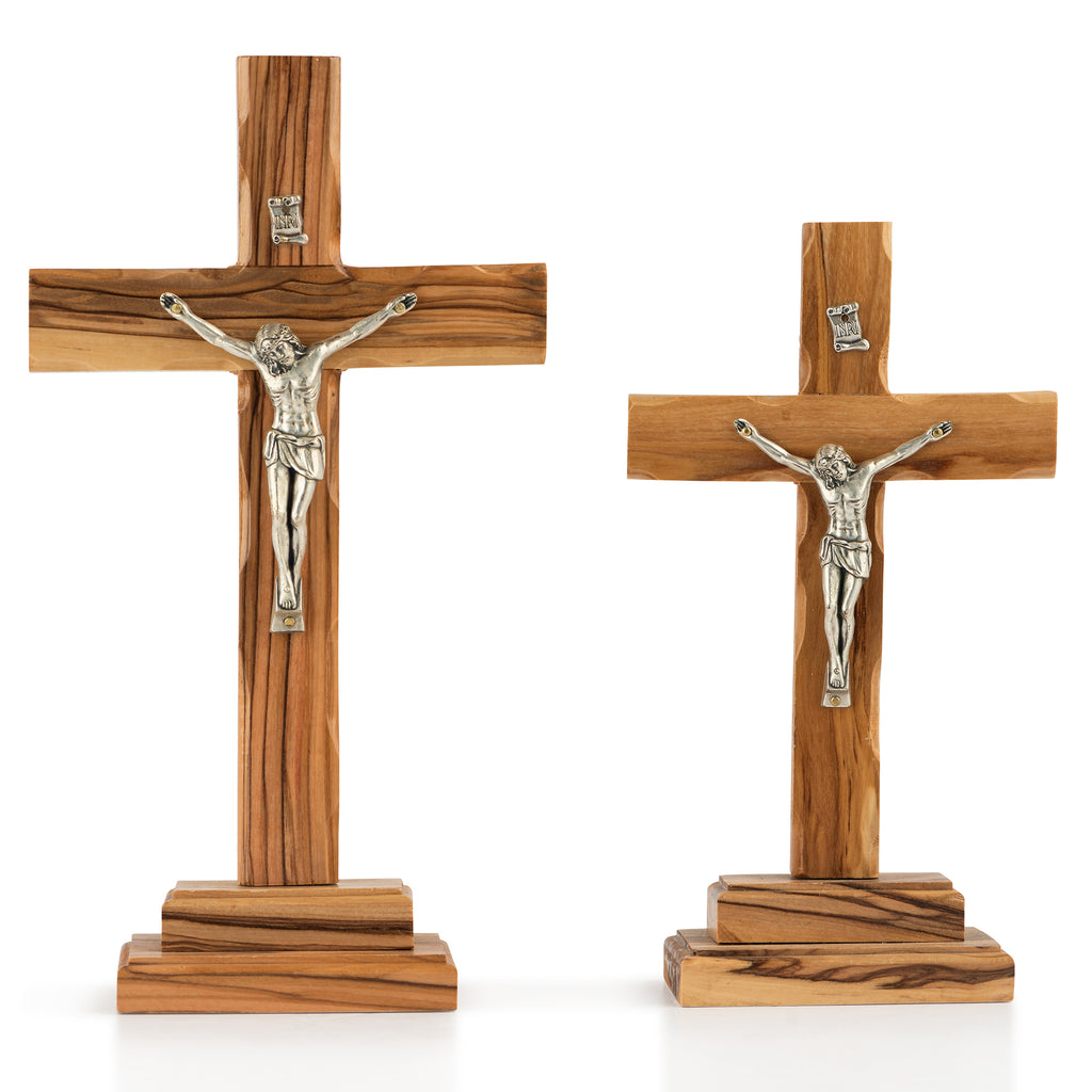 Handcrafted Olive Wood Crucifix with Metal Corpus – Jesus on the Cross Christian Tabletop Sculpture from the Holy Land