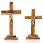 Handcrafted Olive Wood Crucifix with Metal Corpus – Jesus on the Cross Christian Tabletop Sculpture from the Holy Land