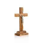 Handcrafted Olive Wood Crucifix with Metal Corpus – Jesus on the Cross Christian Tabletop Sculpture from the Holy Land
