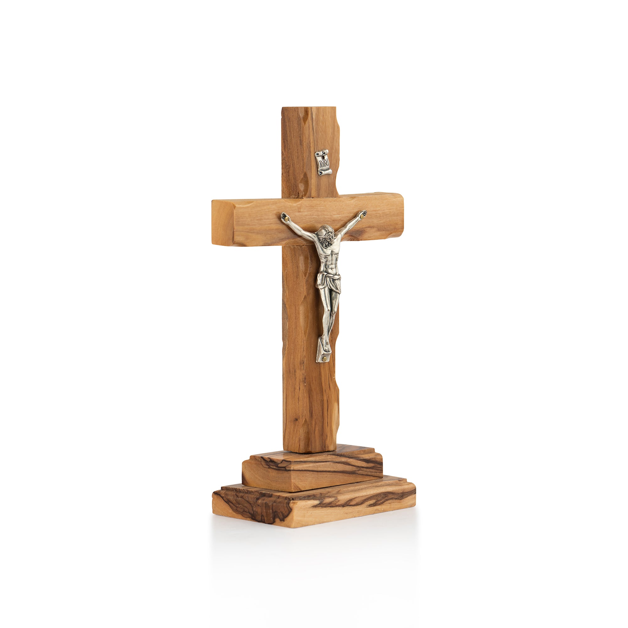 Handcrafted Olive Wood Crucifix with Metal Corpus – Jesus on the Cross Christian Tabletop Sculpture from the Holy Land