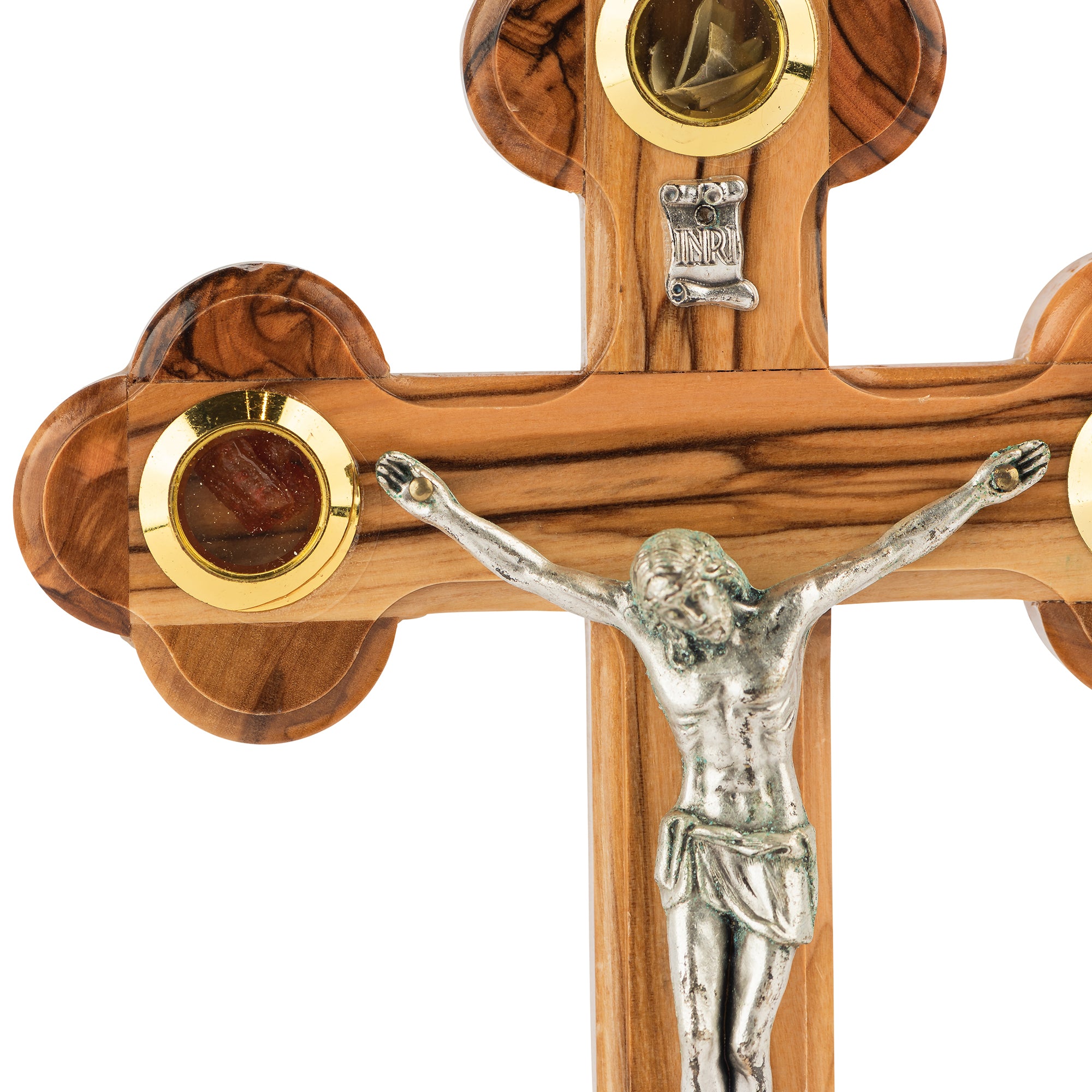 Handcrafted Ornate Olive Wood Crucifix with Holy Land Relics – Jesus on the Cross Christian Sculpture from Bethlehem