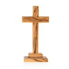 Handcrafted Olive Wood Jerusalem Cross – Simple Standing Christian Tabletop Sculpture from the Holy Land