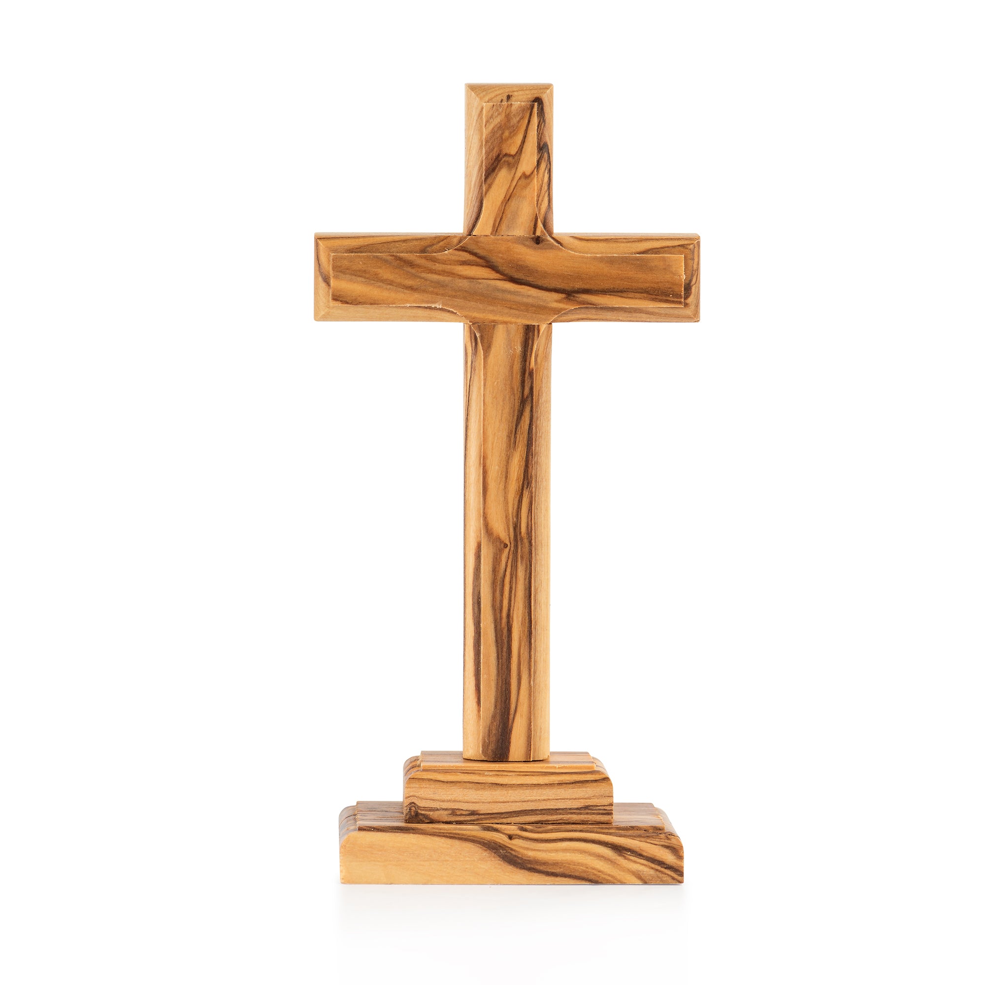 Handcrafted Olive Wood Standing Cross – Elegant Christian Tabletop or Altar Sculpture from the Holy Land