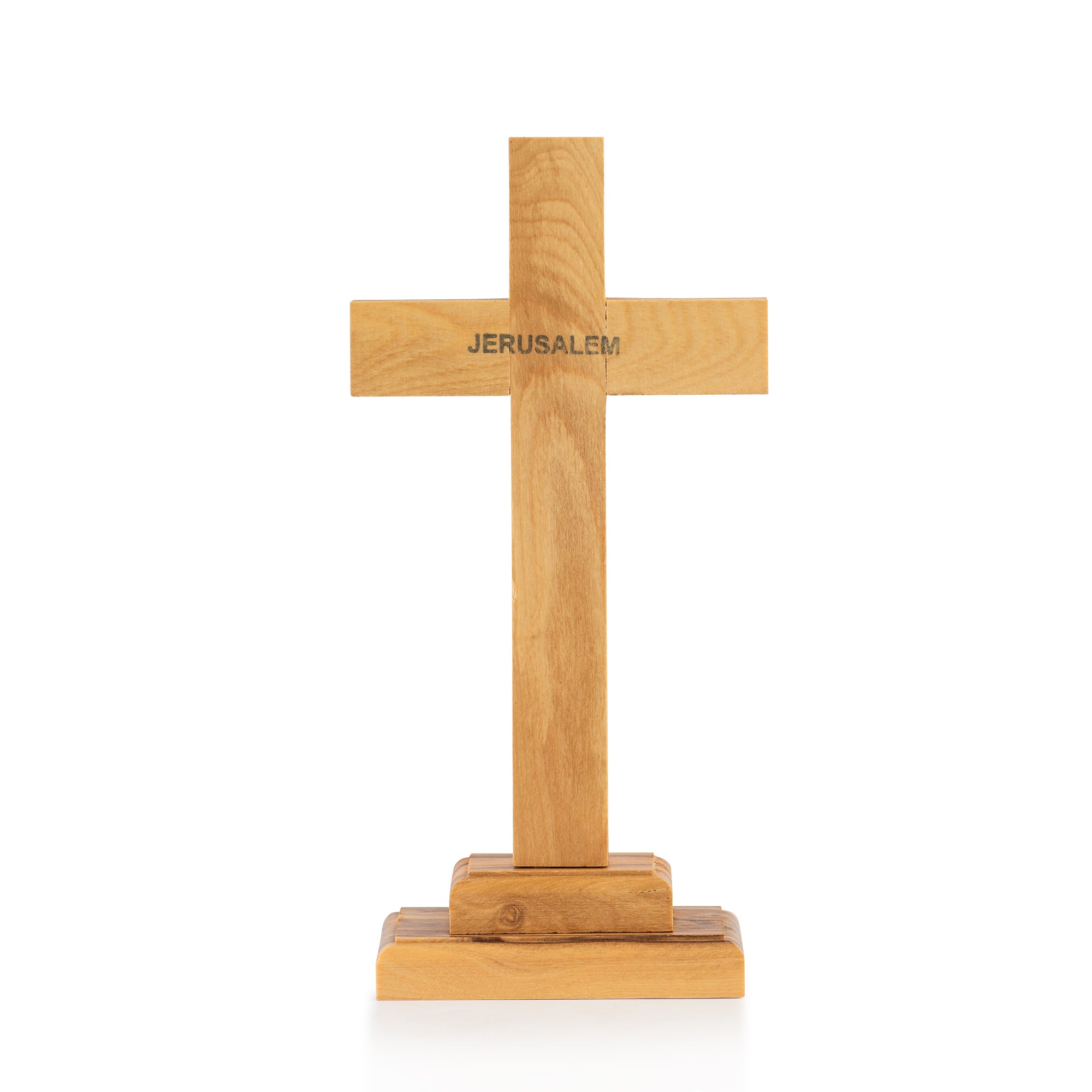 Handcrafted Olive Wood Jerusalem Cross – Simple Standing Christian Tabletop Sculpture from the Holy Land