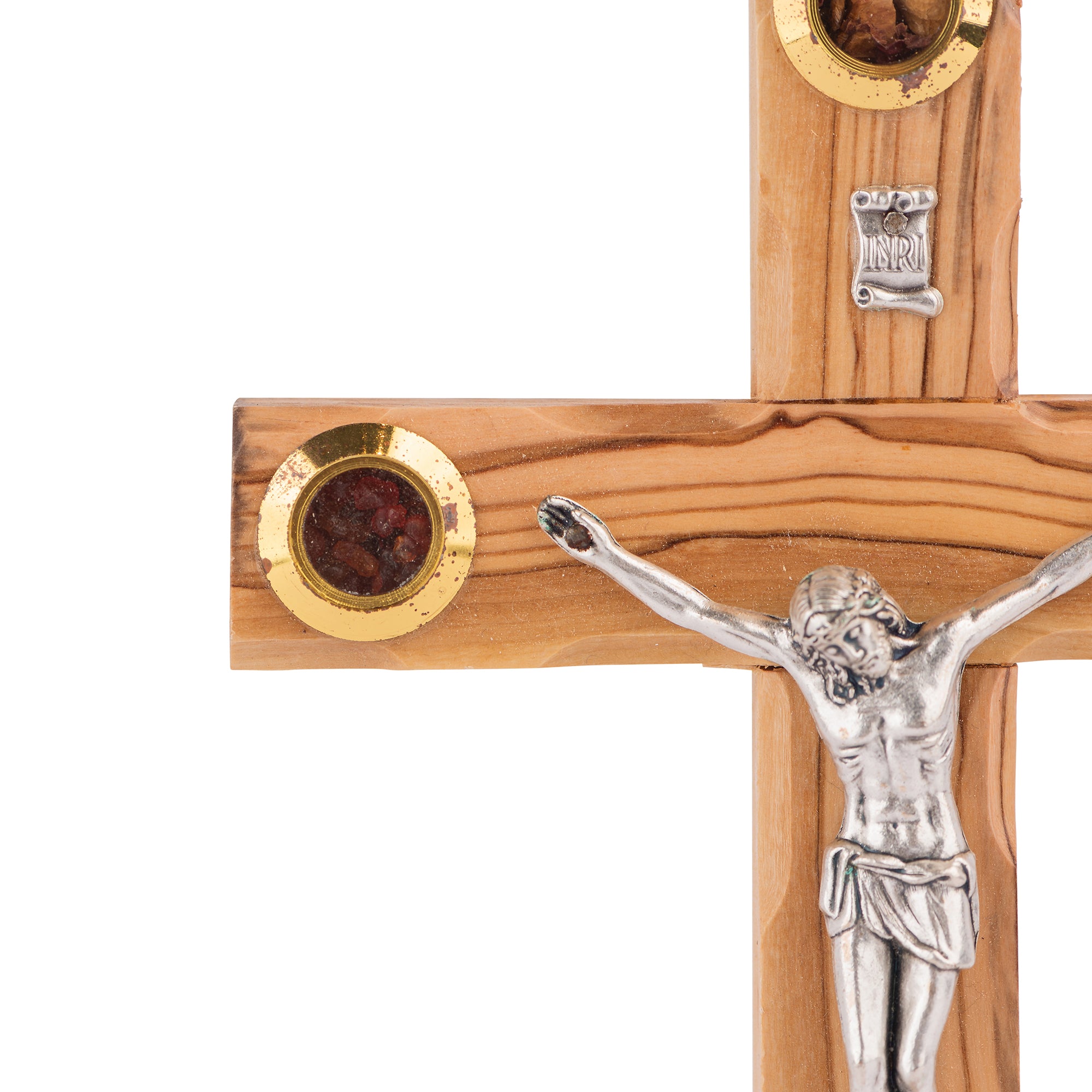 Handcrafted Ornate Olive Wood Crucifix with Holy Land Relics – Jesus on the Cross Christian Sculpture from Bethlehem