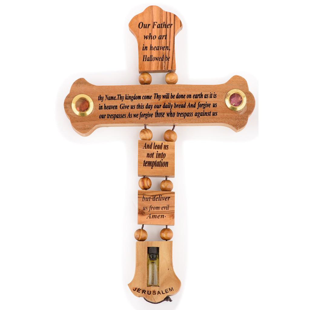 Handcrafted Olive Wood Lord's Prayer Cross with Holy Land Vial – Standing Christian Wall & Tabletop Sculpture from Bethlehem