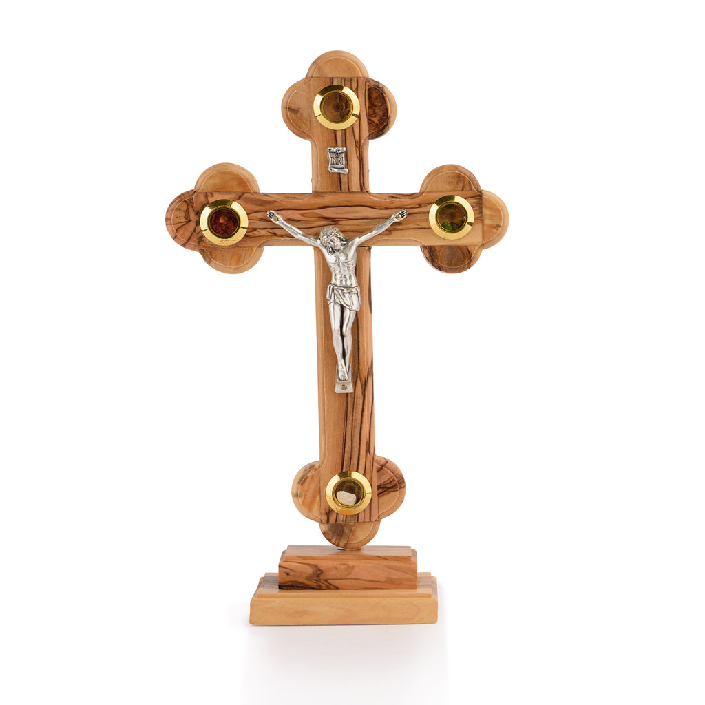 Handcrafted Ornate Olive Wood Crucifix with Holy Land Relics – Jesus on the Cross Christian Sculpture from Bethlehem