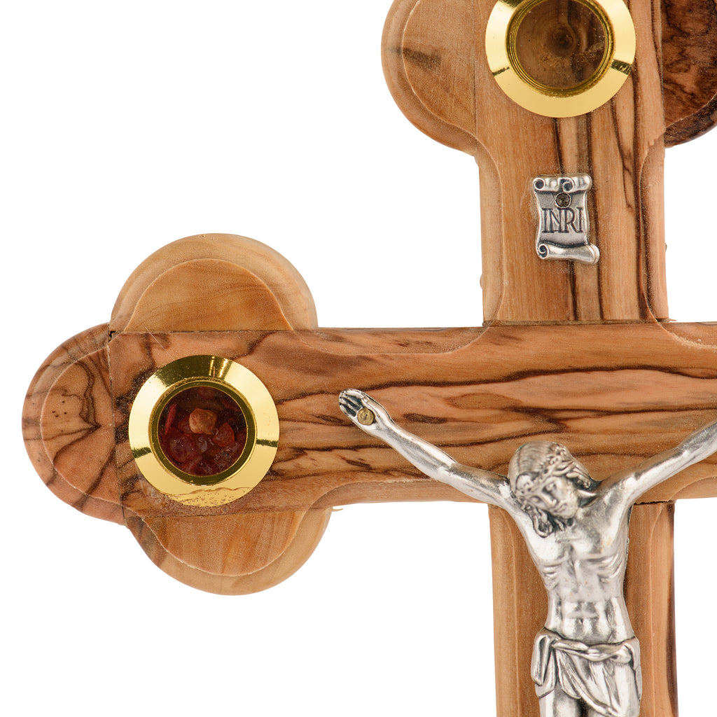 Handcrafted Ornate Olive Wood Crucifix with Holy Land Relics – Jesus on the Cross Christian Sculpture from Bethlehem
