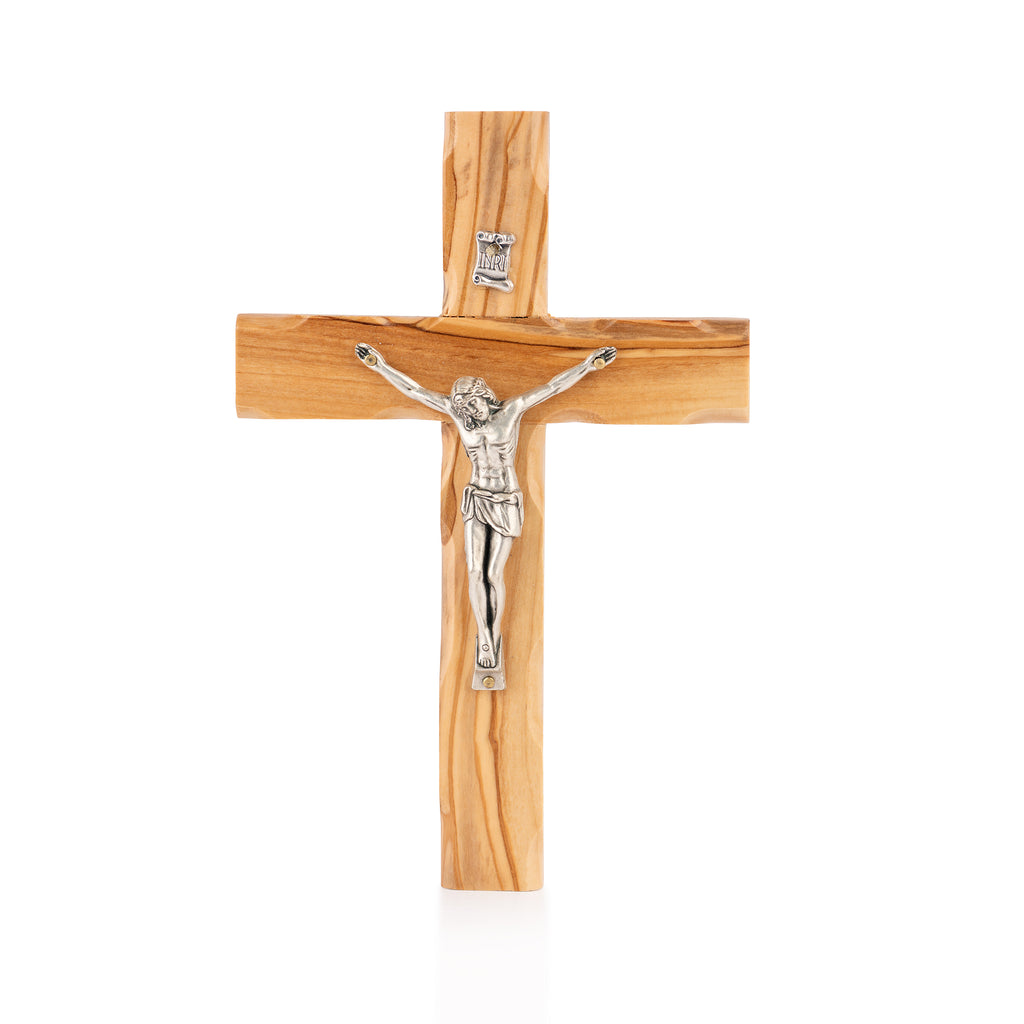 Handcrafted Olive Wood Crucifix with Metal Corpus – Jesus on the Cross Christian Tabletop Sculpture from the Holy Land