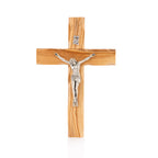 Handcrafted Olive Wood Crucifix with Metal Corpus – Jesus on the Cross Christian Tabletop Sculpture from the Holy Land