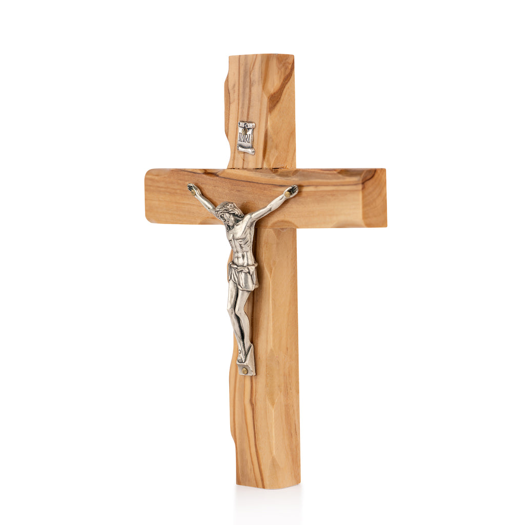 Handcrafted Olive Wood Crucifix with Metal Corpus – Jesus on the Cross Christian Tabletop Sculpture from the Holy Land