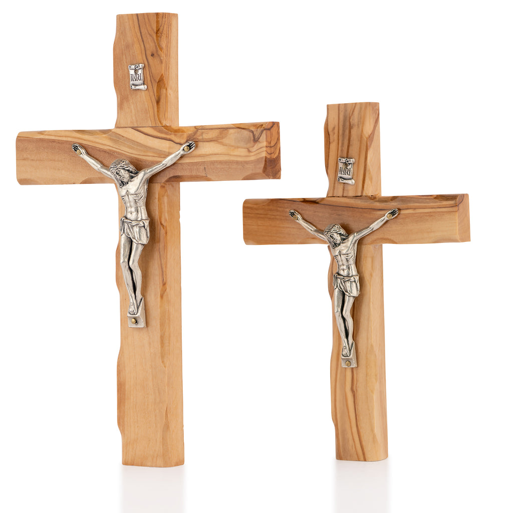 Handcrafted Olive Wood Crucifix with Metal Corpus – Jesus on the Cross Christian Tabletop Sculpture from the Holy Land