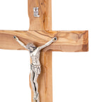 Handcrafted Olive Wood Crucifix with Metal Corpus – Jesus on the Cross Christian Tabletop Sculpture from the Holy Land