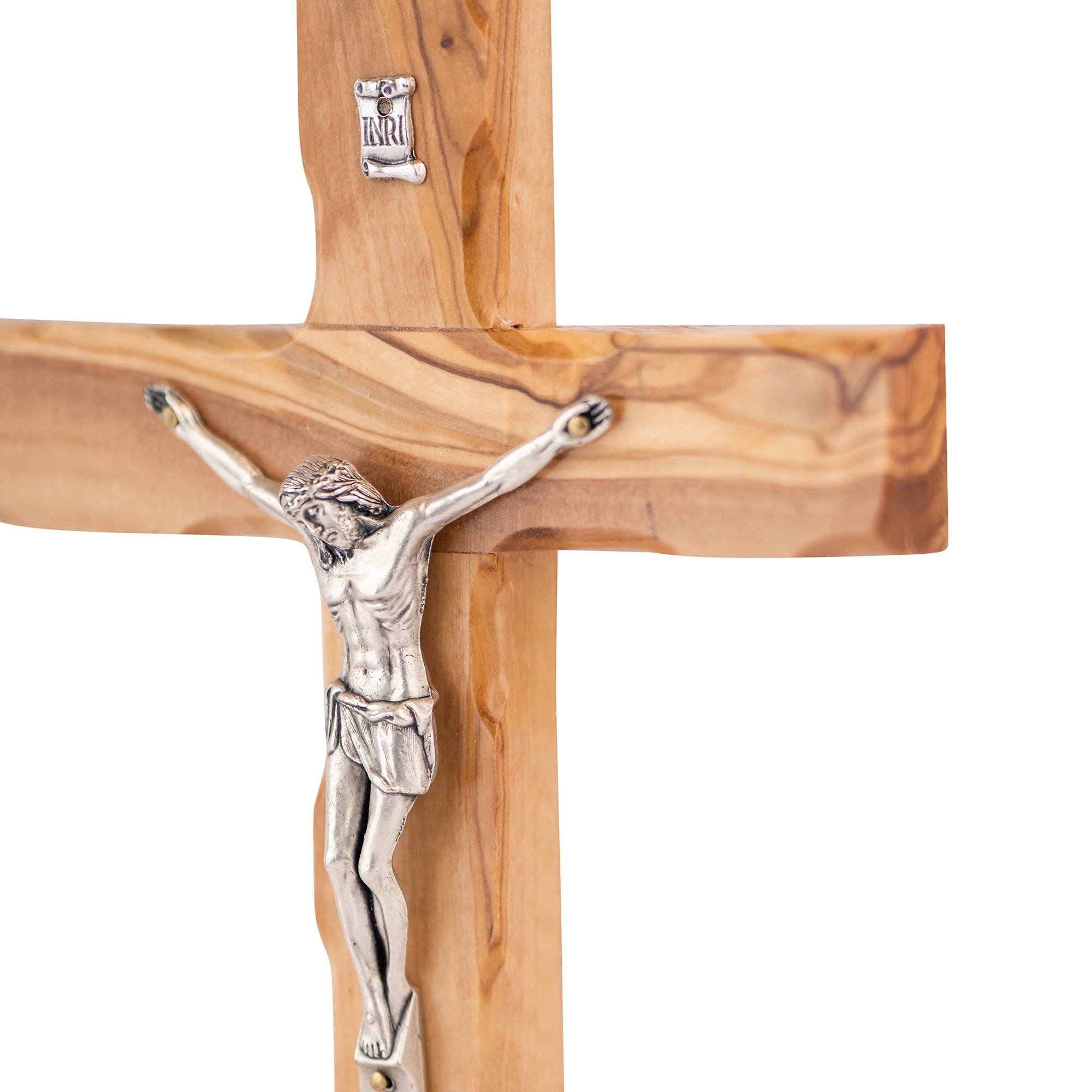 Handcrafted Olive Wood Crucifix with Metal Corpus – Jesus on the Cross Christian Tabletop Sculpture from the Holy Land