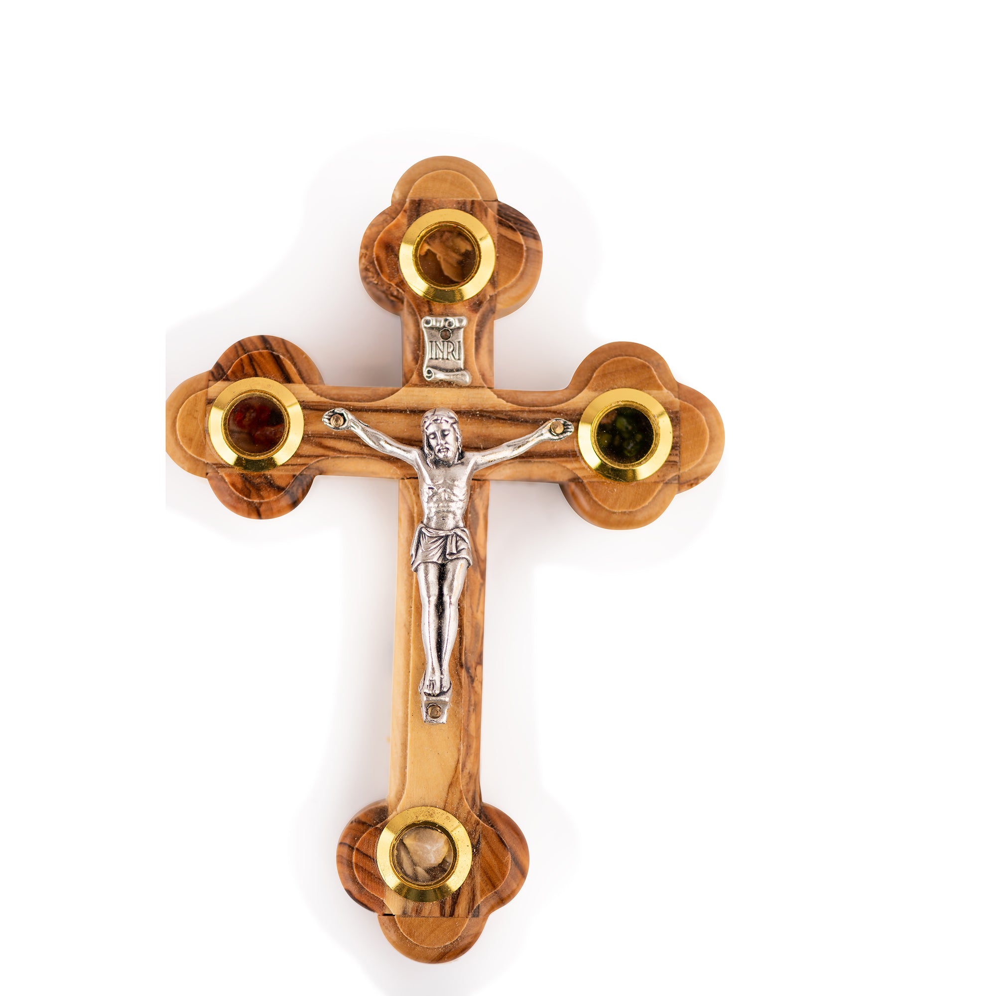 Handcrafted Ornate Olive Wood Crucifix with Holy Land Relics – Jesus on the Cross Christian Sculpture from Bethlehem