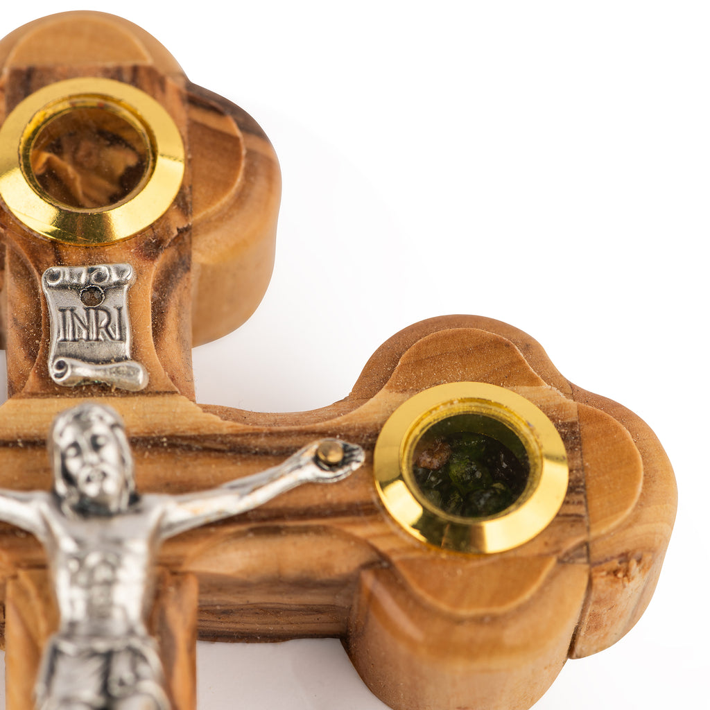 Handcrafted Ornate Olive Wood Crucifix with Holy Land Relics – Jesus on the Cross Christian Sculpture from Bethlehem