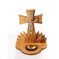 Handcrafted Olive Wood Crucifix with INRI and Holy Land Stones – Standing Christian Tabletop Sculpture from Bethlehem