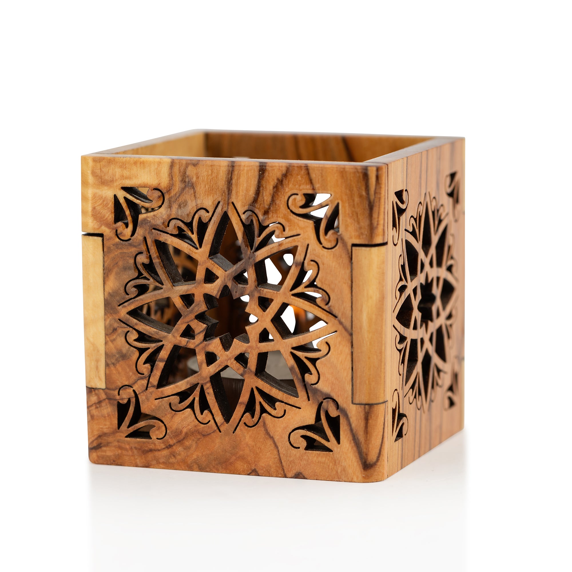 Handcrafted Olive Wood Geometric Candle Holder – Intricate Star Pattern Tea Light Lantern from the Holy Land