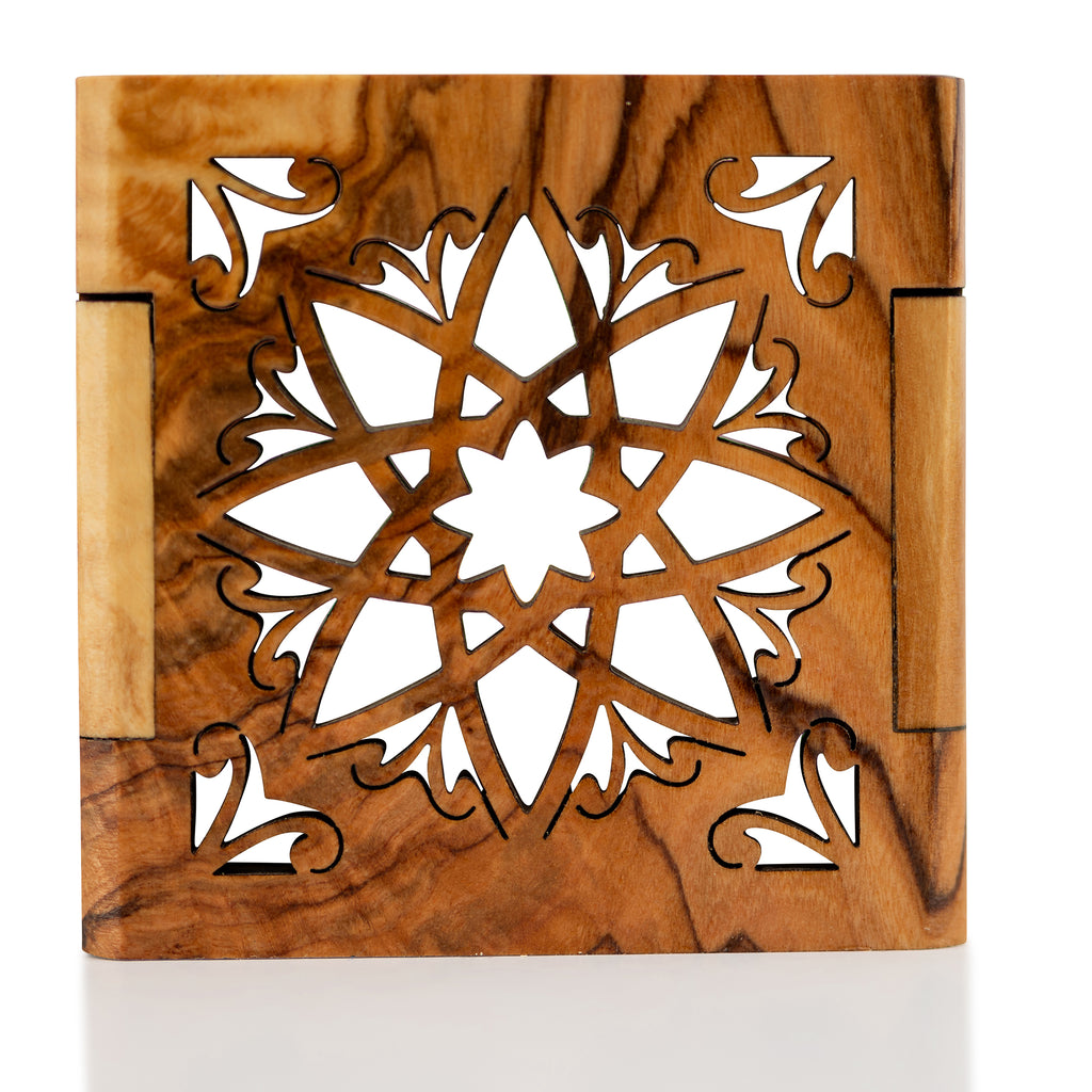 Handcrafted Olive Wood Geometric Candle Holder – Intricate Star Pattern Tea Light Lantern from the Holy Land