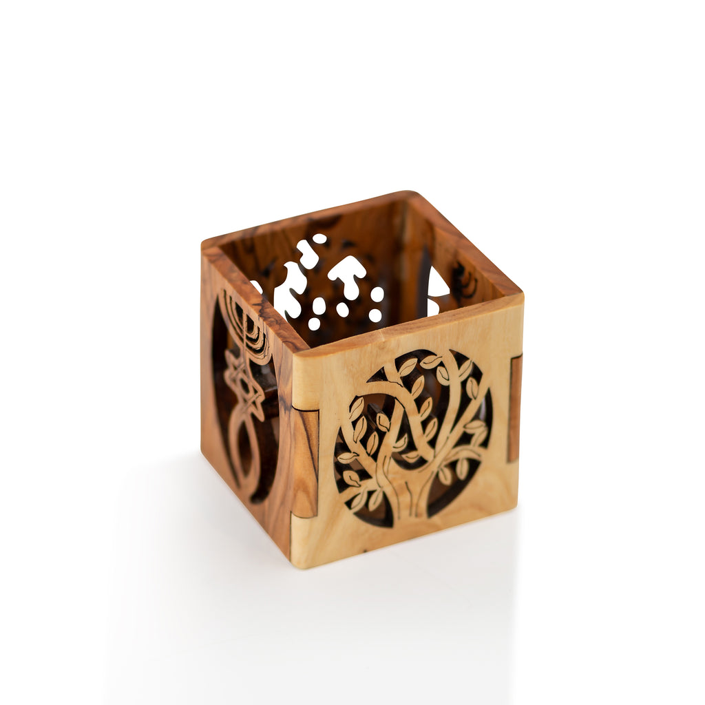 Handcrafted Olive Wood Tree of Life & Messianic Symbols Candle Holder – Menorah, Star of David & Fish Lantern from Bethlehem