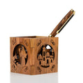 Handcrafted Olive Wood Nativity Pen Holder – Holy Family & Shepherds Scene Desk Organizer from Bethlehem