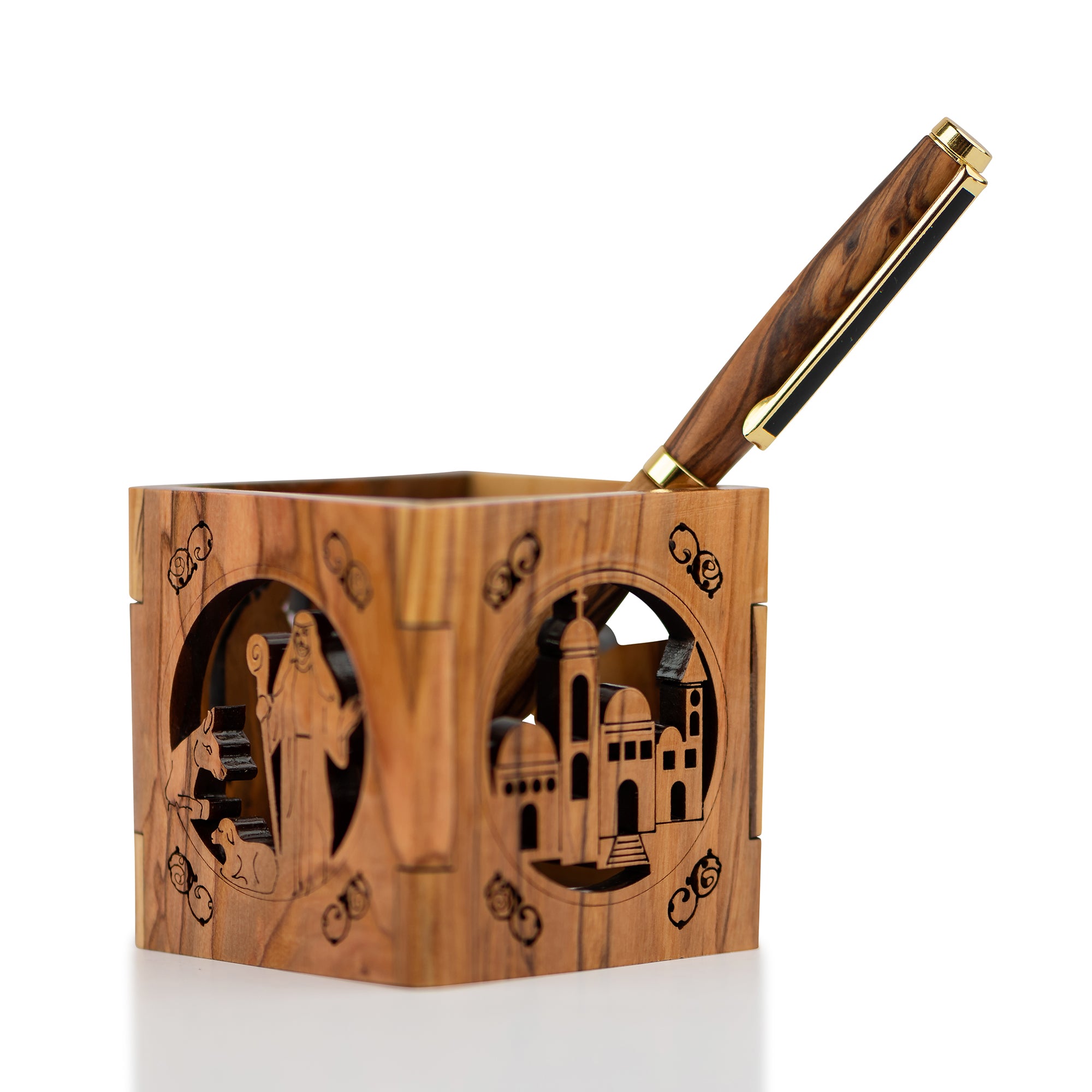 Handcrafted Olive Wood Nativity Pen Holder – Holy Family & Shepherds Scene Desk Organizer from Bethlehem