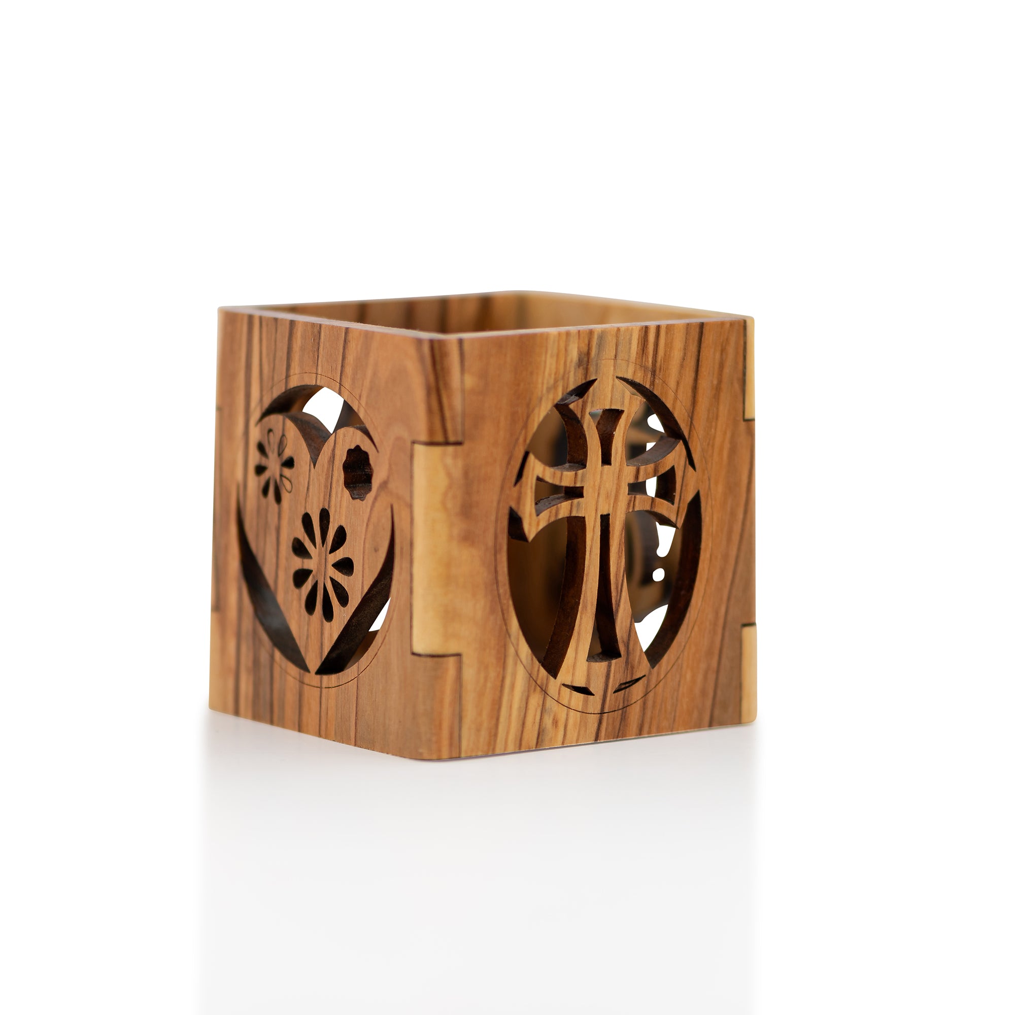Handcrafted Olive Wood Heart & Cross Pen Holder – Christian Faith Desk Organizer from Bethlehem