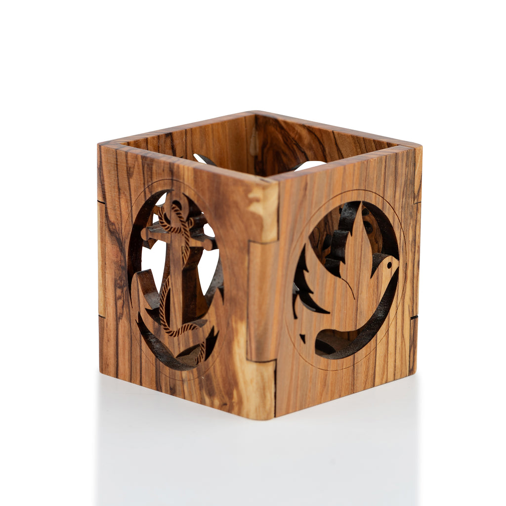 Handcrafted Olive Wood Heart & Cross Pen Holder – Christian Faith Desk Organizer from Bethlehem