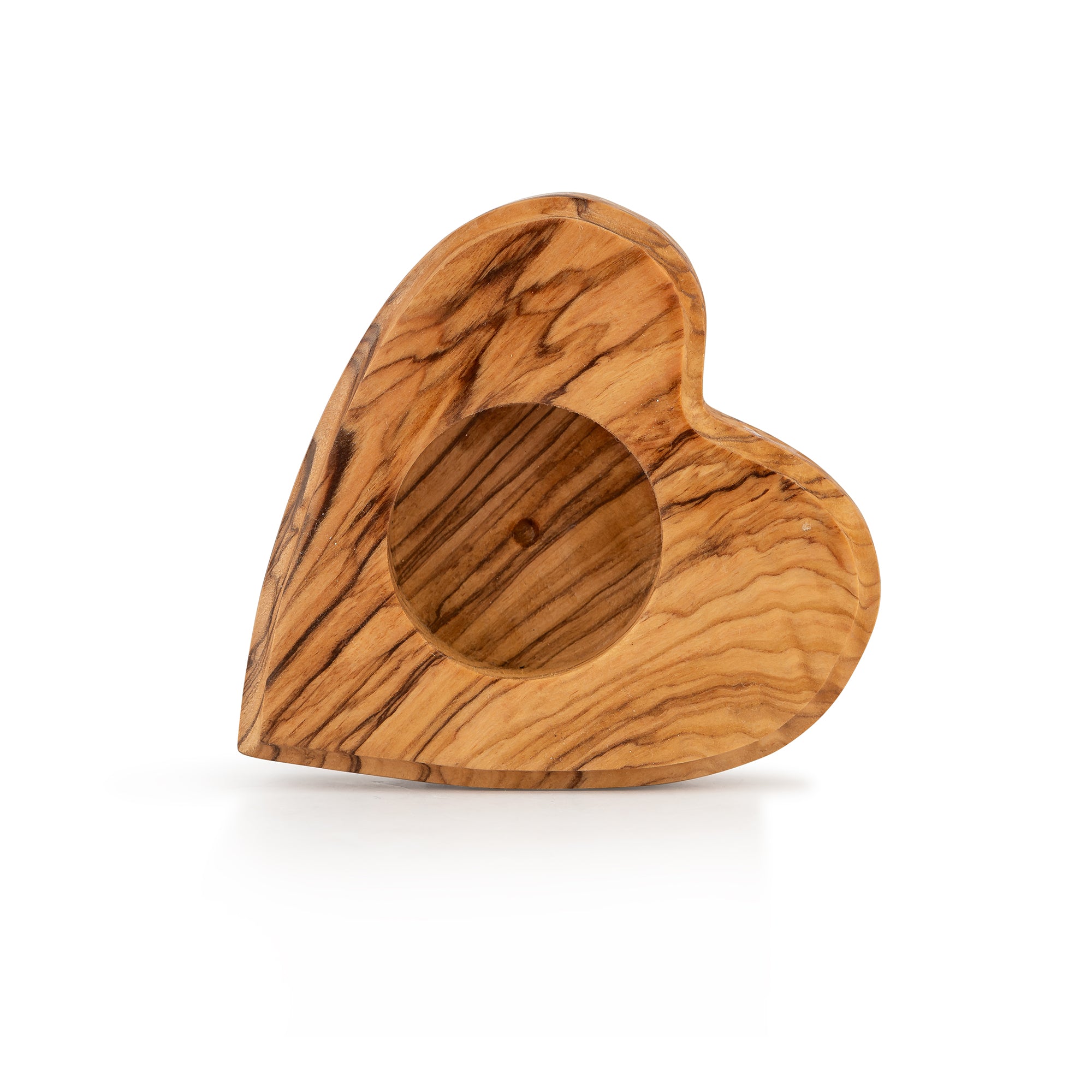 Handcrafted Olive Wood Heart Candle Holder – Romantic Tea Light Sculpture from the Holy Land