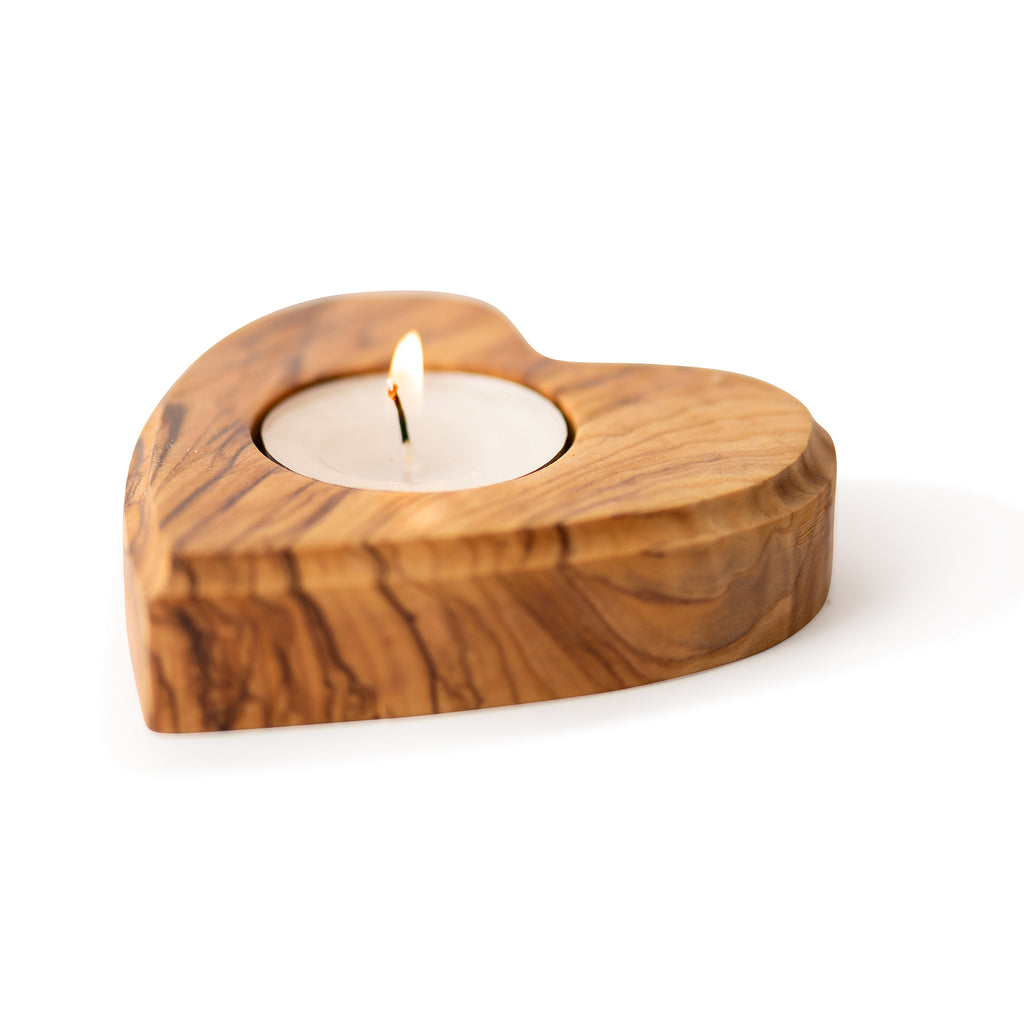 Handcrafted Olive Wood Heart Candle Holder – Romantic Tea Light Sculpture from the Holy Land
