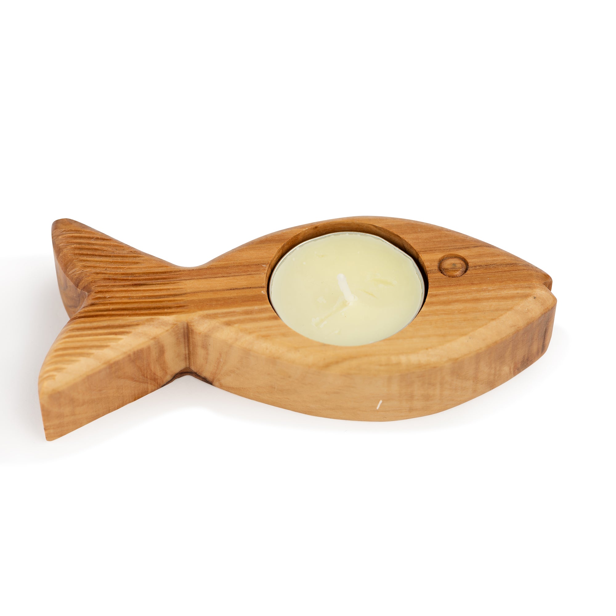 Handcrafted Olive Wood Fish Candle Holder – Ichthys Tea Light Sculpture from the Holy Land