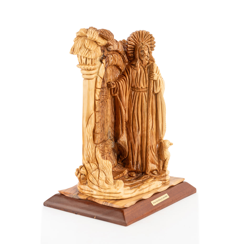 Handcrafted Olive Wood Jesus The Good Shepherd Sculpture – “I Am the Door” Christian Tabletop Statue from Bethlehem