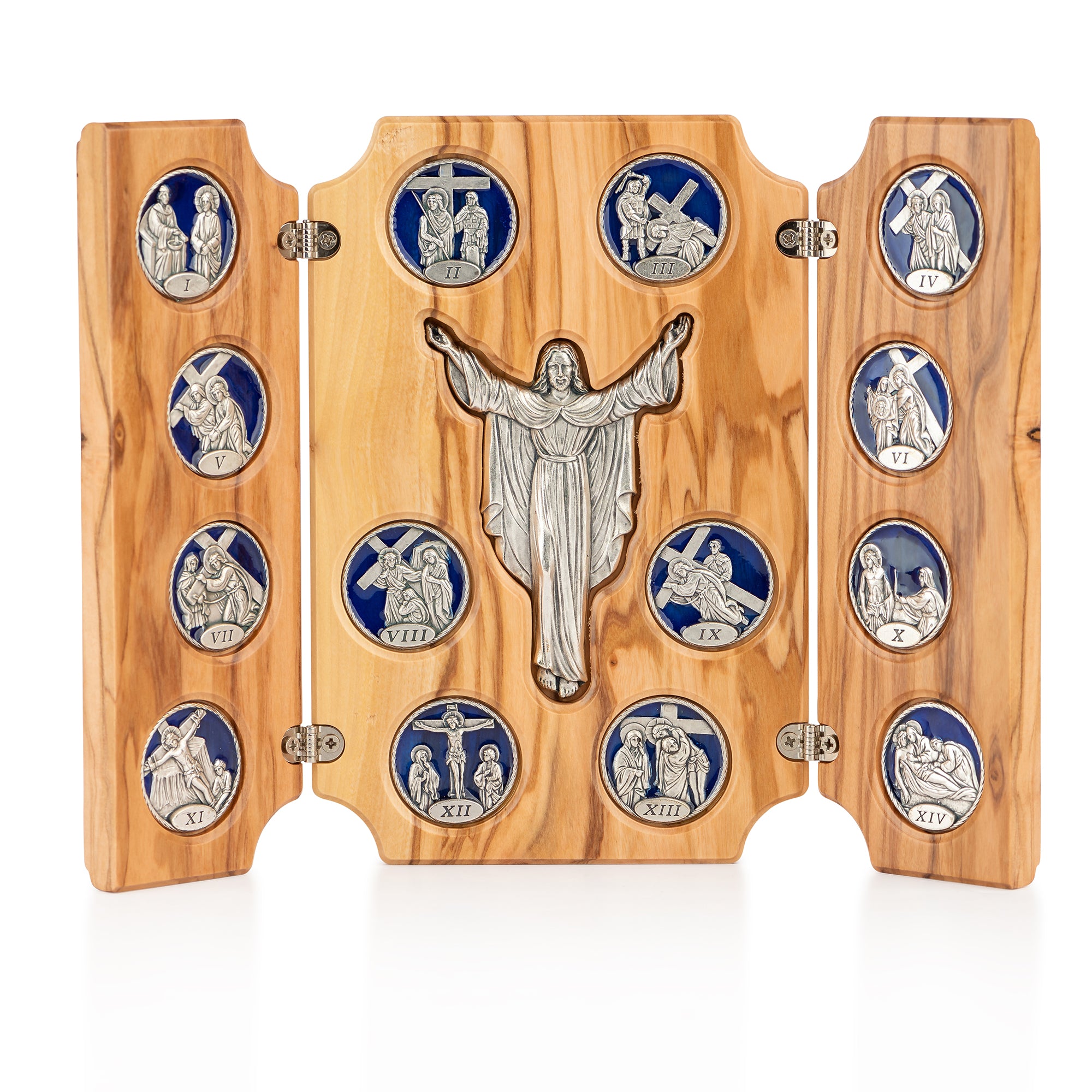 Handcrafted Olive Wood Stations of the Cross Triptych – 14 Stations with Risen Christ Central Panel from Bethlehem