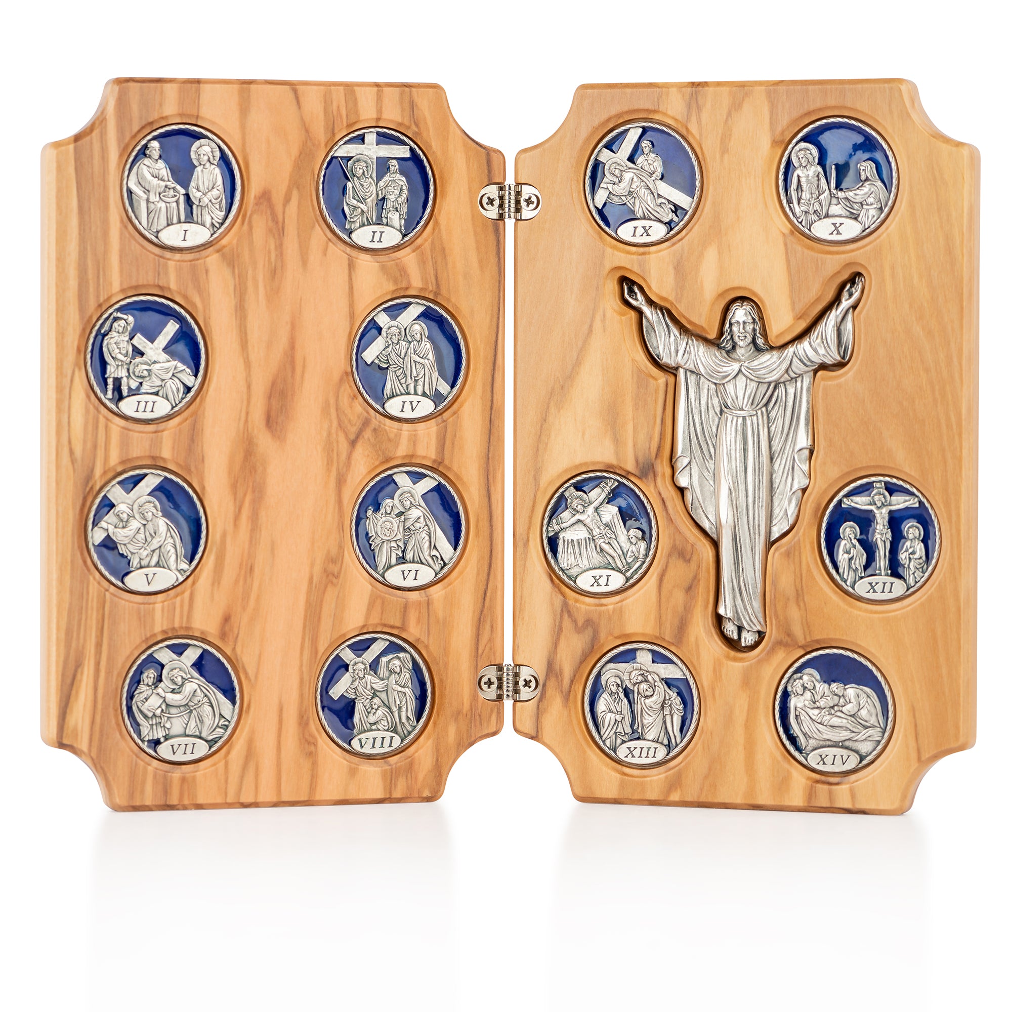 Handcrafted Olive Wood Stations of the Cross Triptych – 14 Stations with Risen Christ Central Panel from Bethlehem