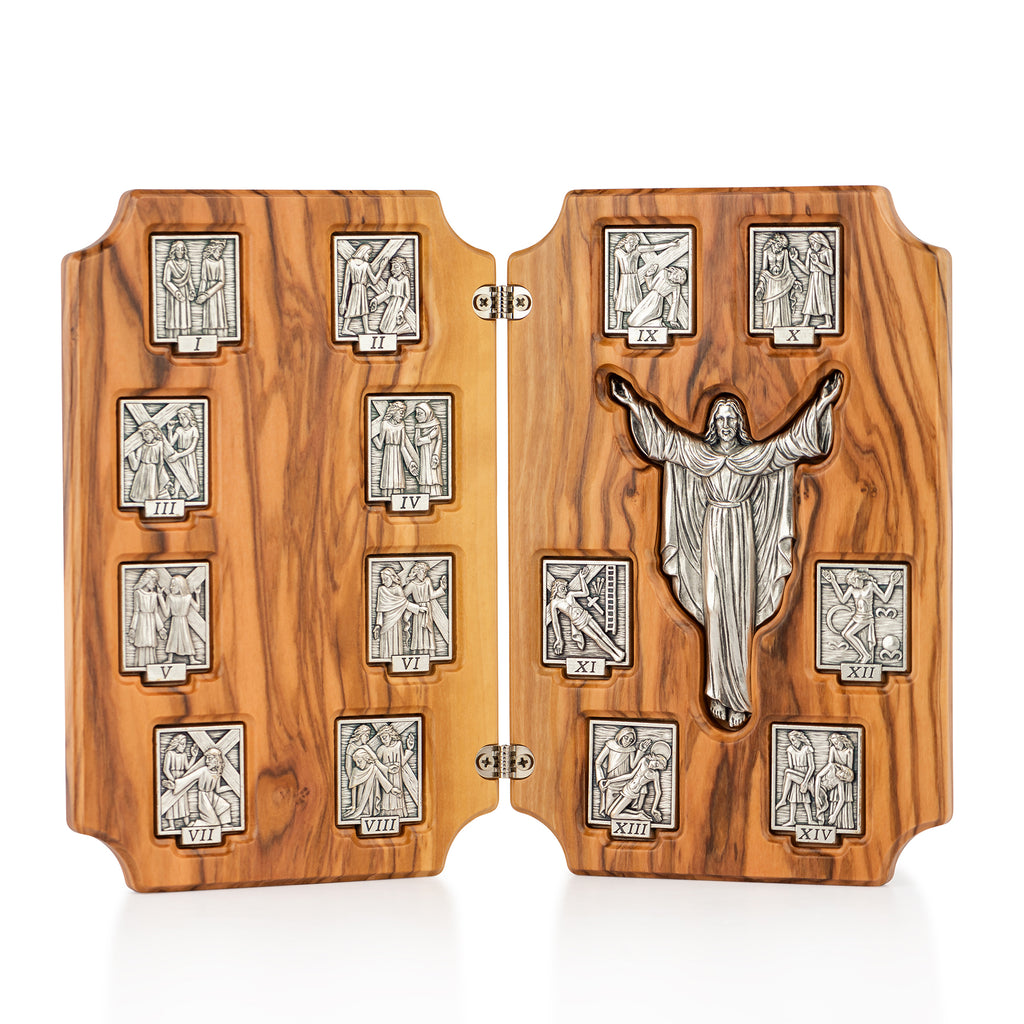 Handcrafted Olive Wood Stations of the Cross Triptych – 14 Stations with Risen Christ Central Panel from Bethlehem