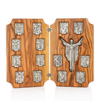 Handcrafted Olive Wood Stations of the Cross Triptych – 14 Stations with Risen Christ Central Panel from Bethlehem