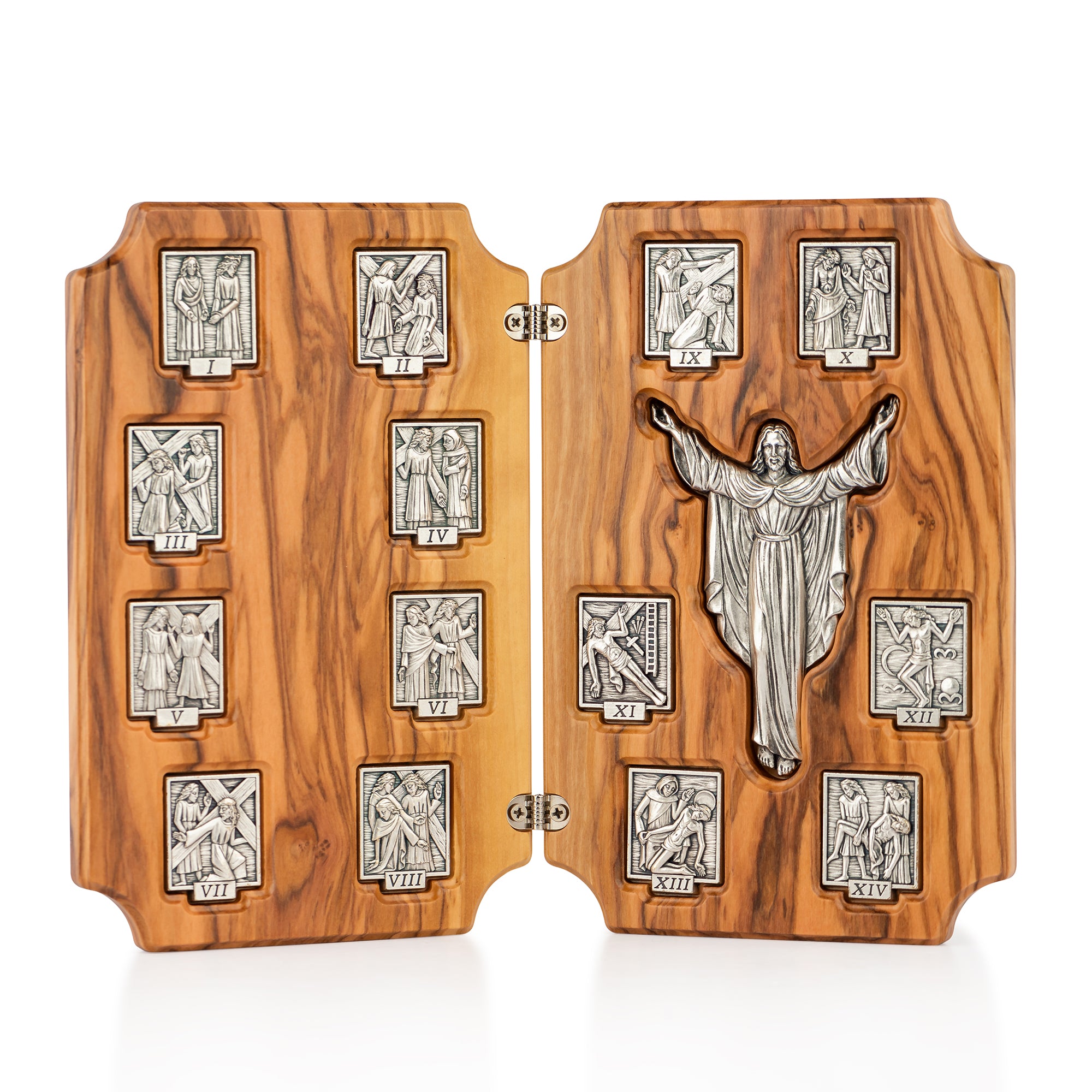 Handcrafted Olive Wood Stations of the Cross Triptych – 14 Stations with Risen Christ Central Panel from Bethlehem